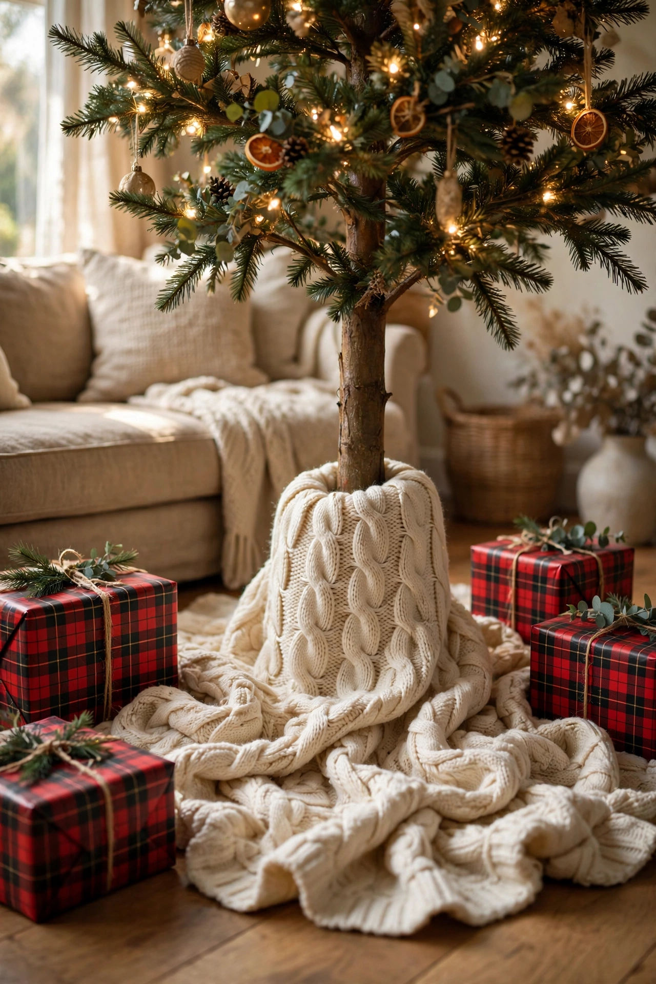 Cream cable knit tree skirt under decorated Christmas tree