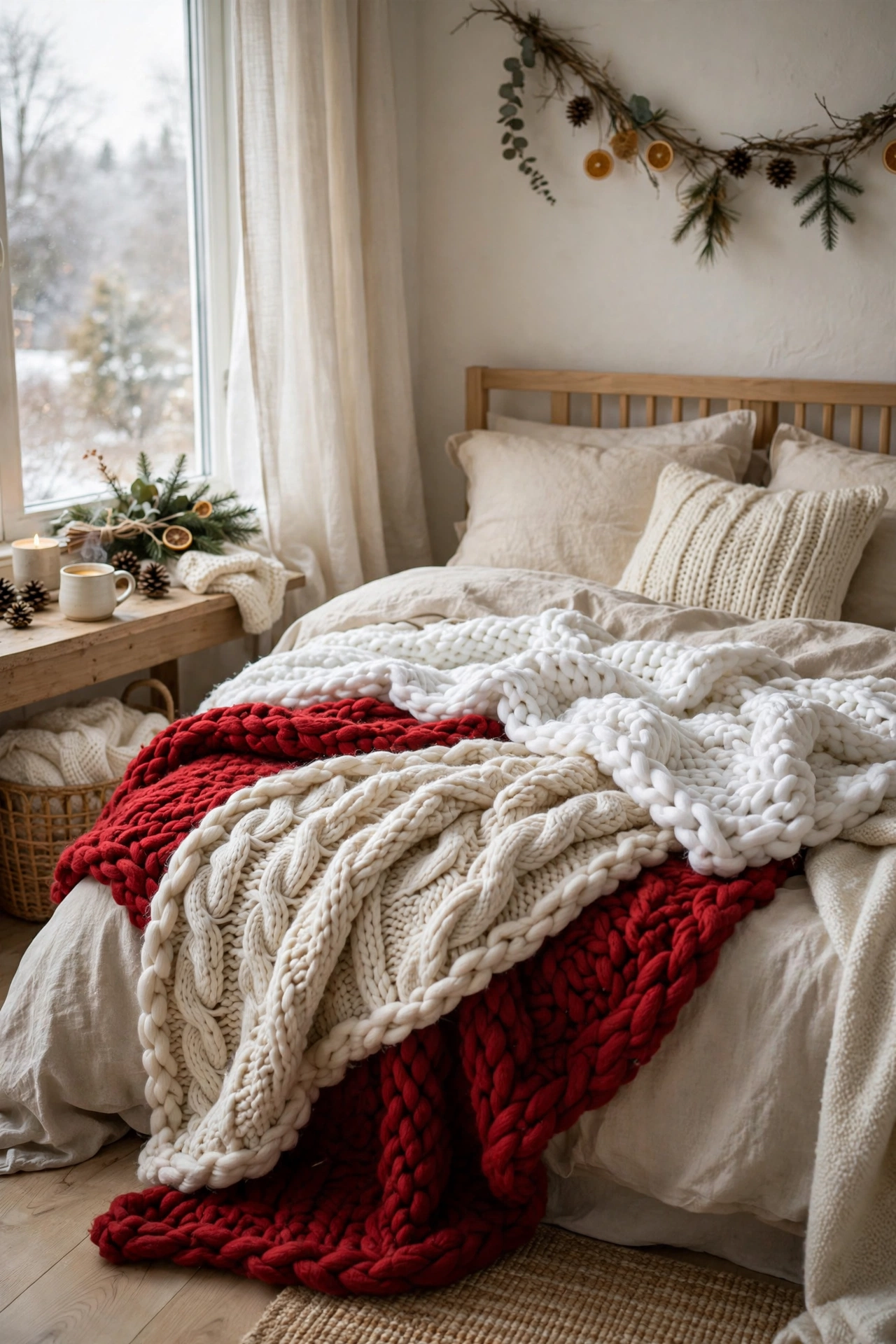 Bed layered with red and white knit Christmas blankets and throws