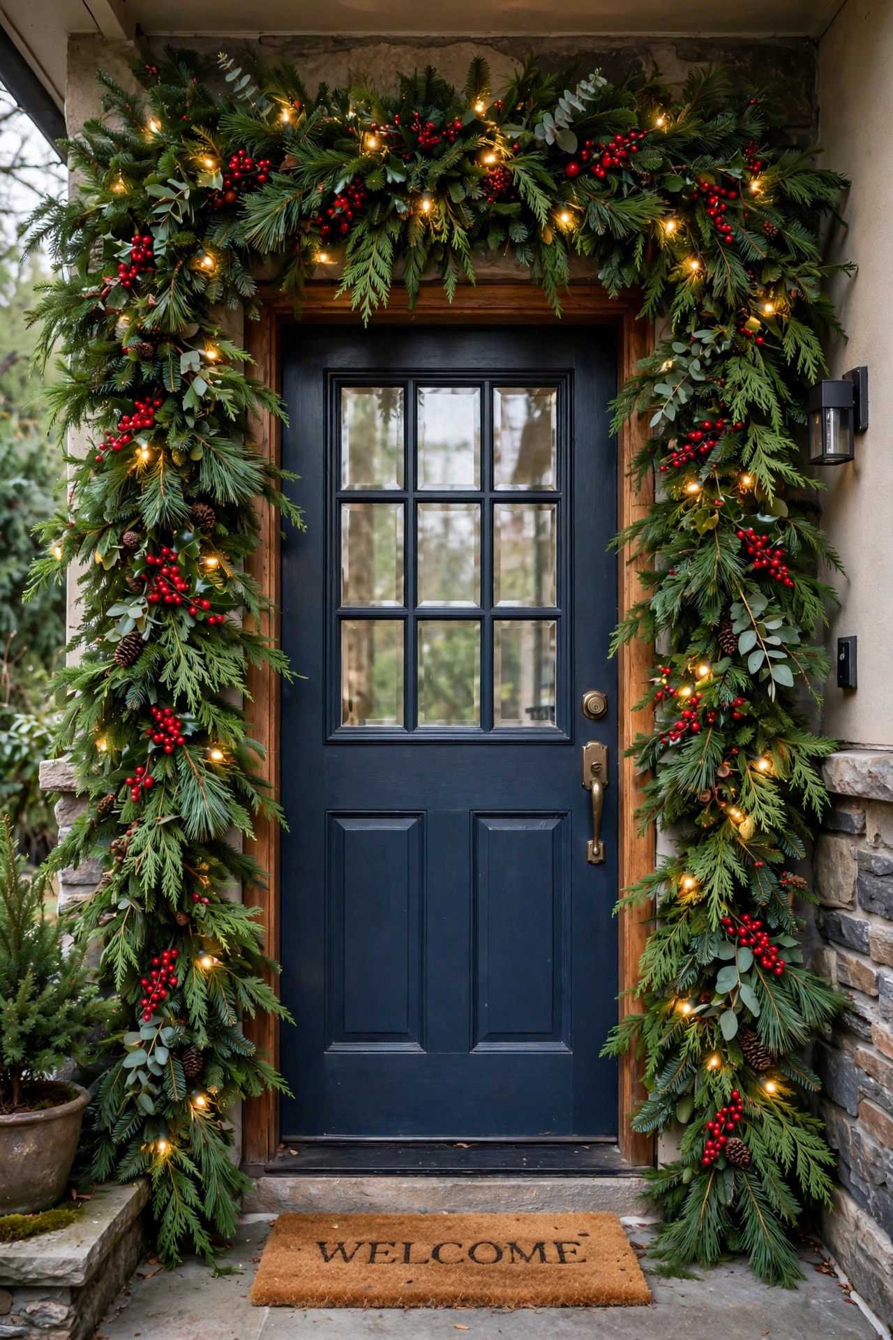 A front door framed with thick evergreen Christmas garland with lights and red berries.