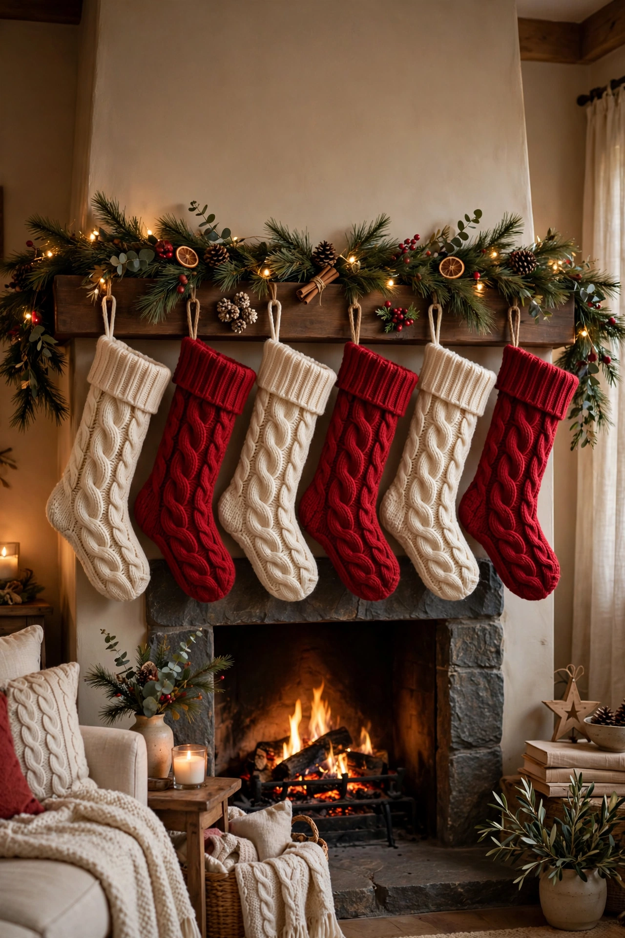 Cozy knit Christmas stockings hung in a row on a decorated fireplace mantle.