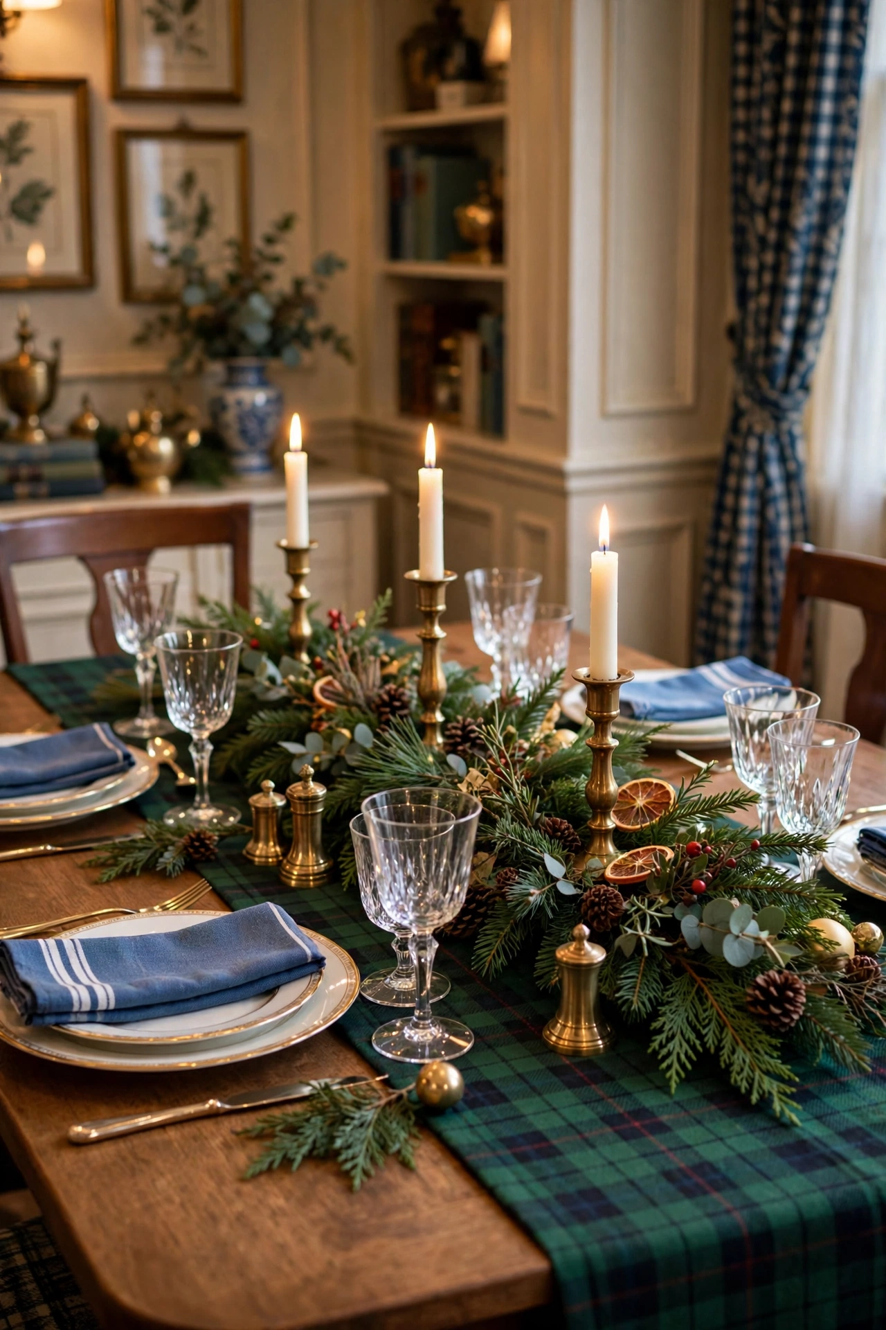 Holiday dining table with green tartan plaid table runner