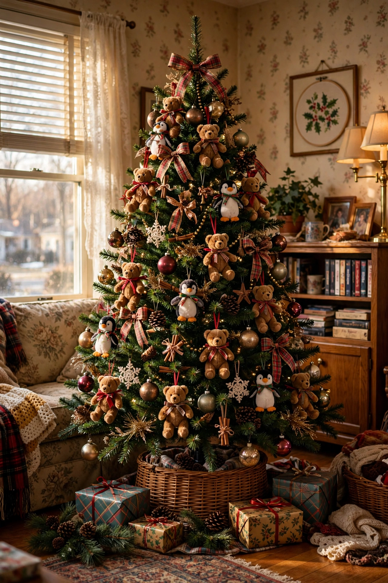 Beanie Baby plush toys hanging as ornaments on Christmas tree