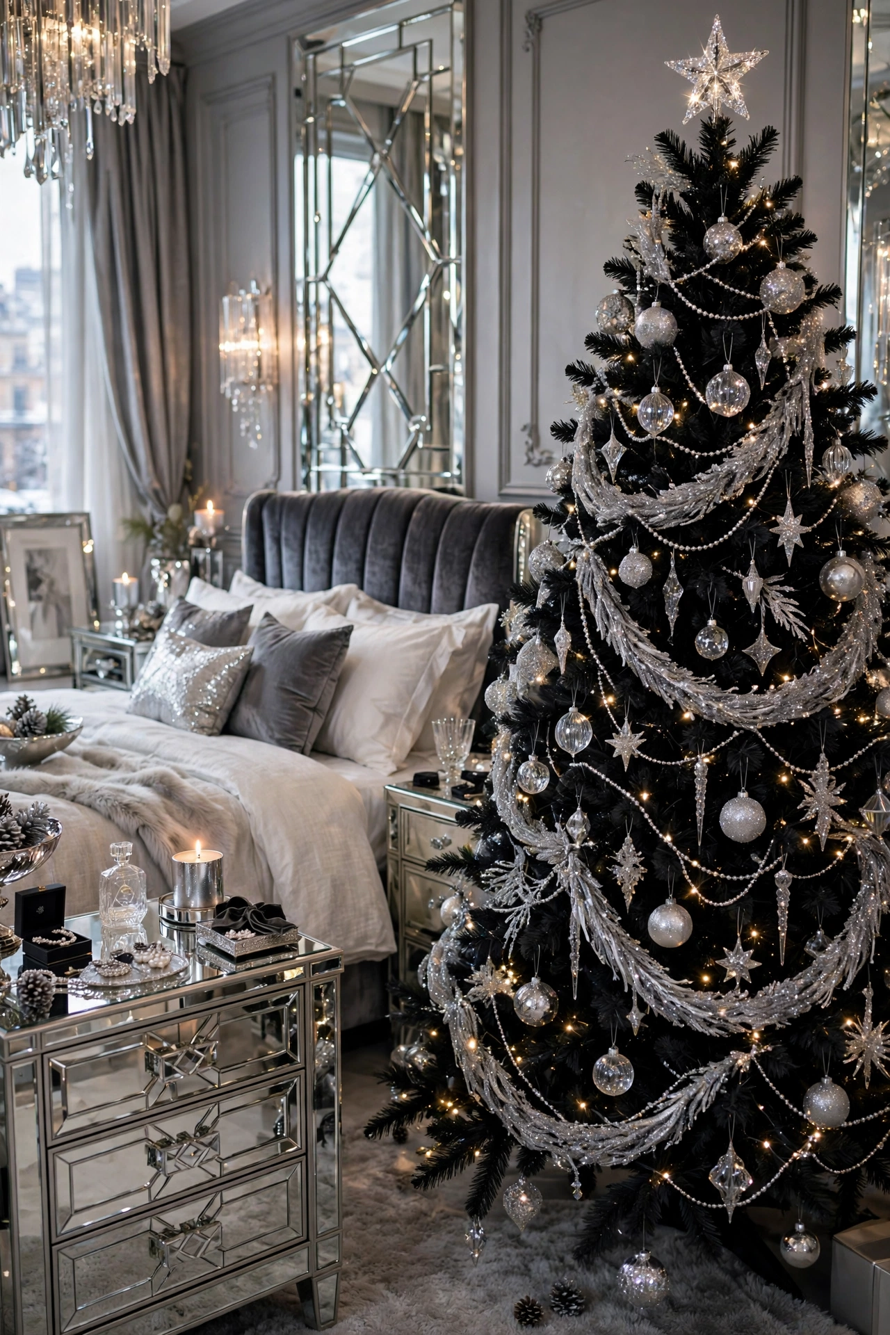 Black Christmas tree with silver garlands and mirrored ornaments in a glamorous bedroom