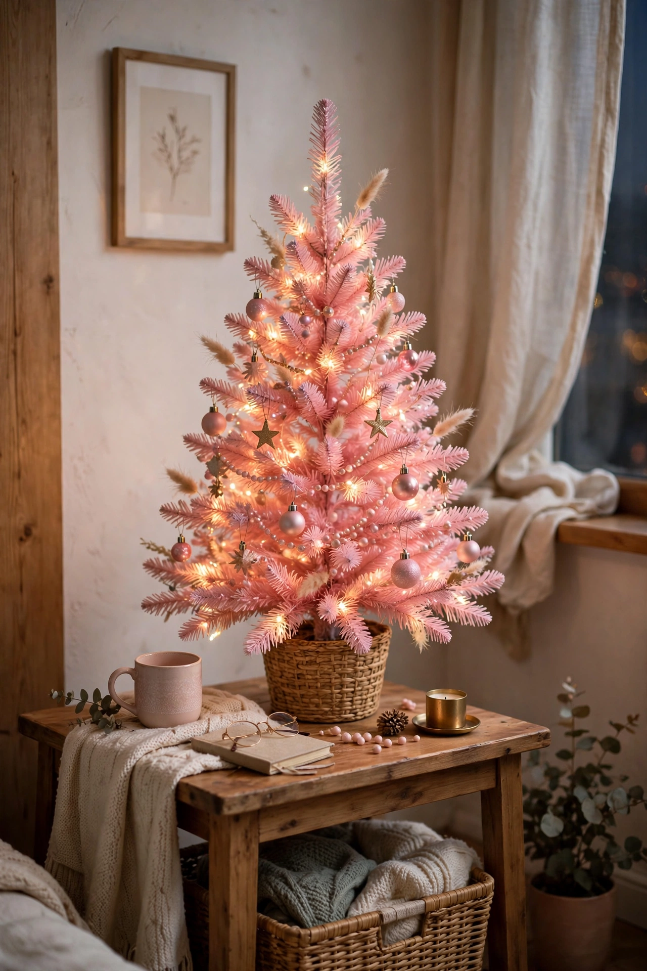 A small pink tabletop Christmas tree on a wooden side table in a small apartment with fairy lights.