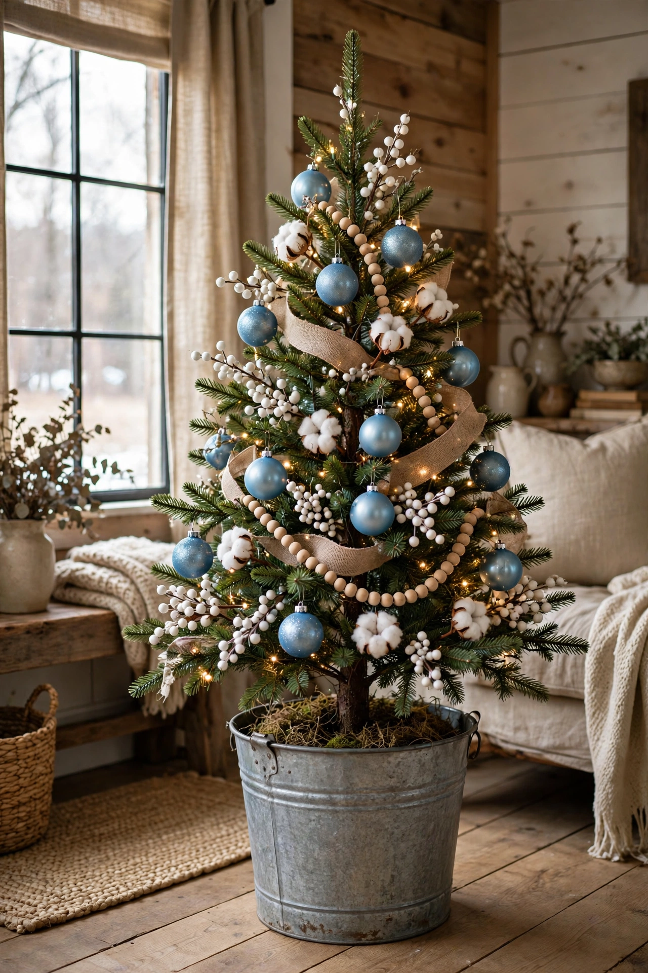 Powder blue farmhouse Christmas tree in galvanized bucket