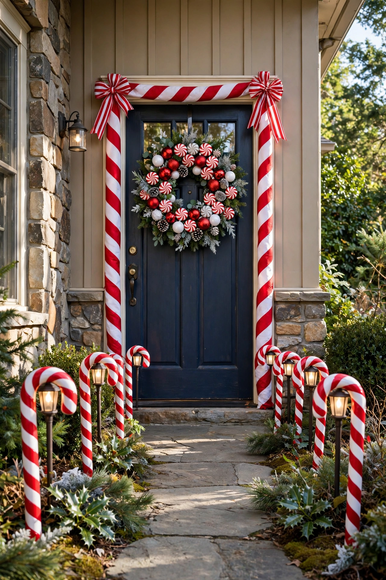 Red and white candy cane themed Christmas door decor