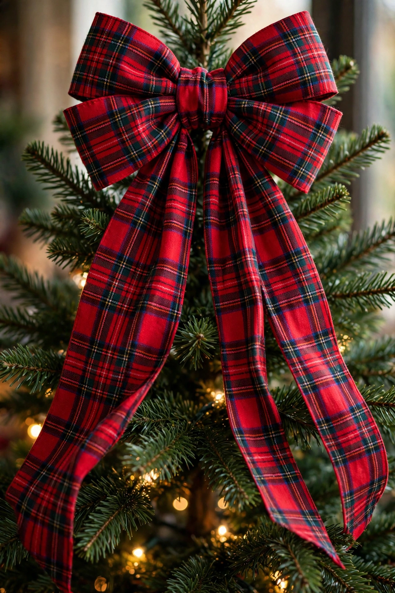 Red tartan plaid bow tree topper on Christmas tree
