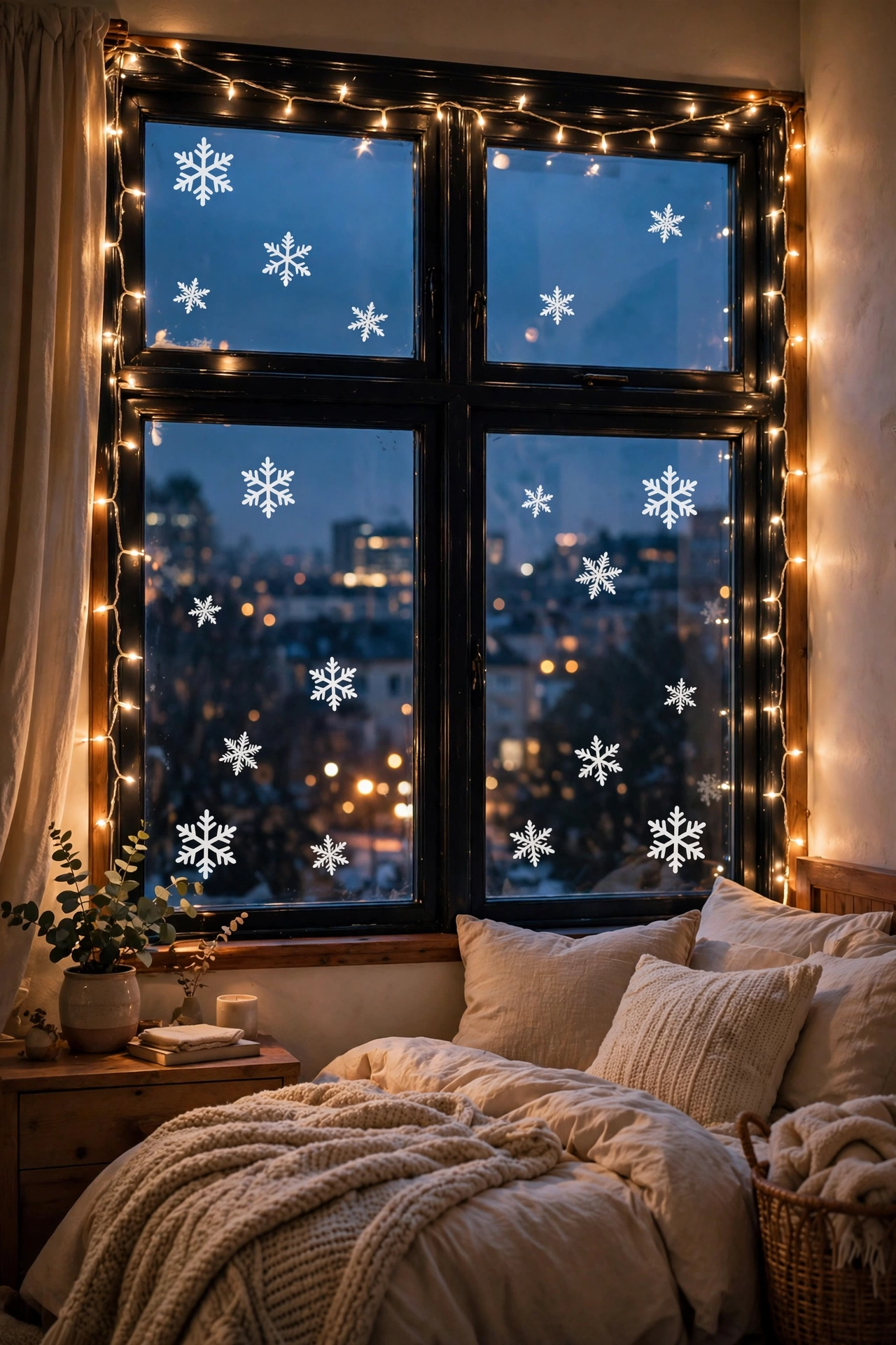 Bedroom window decorated with Christmas lights and snowflake decals