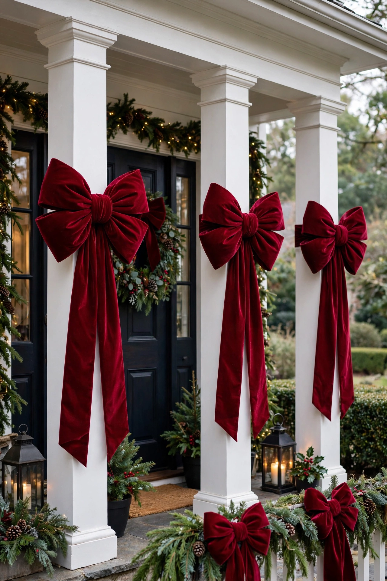 White porch columns decorated with oversized deep red velvet Christmas bows.