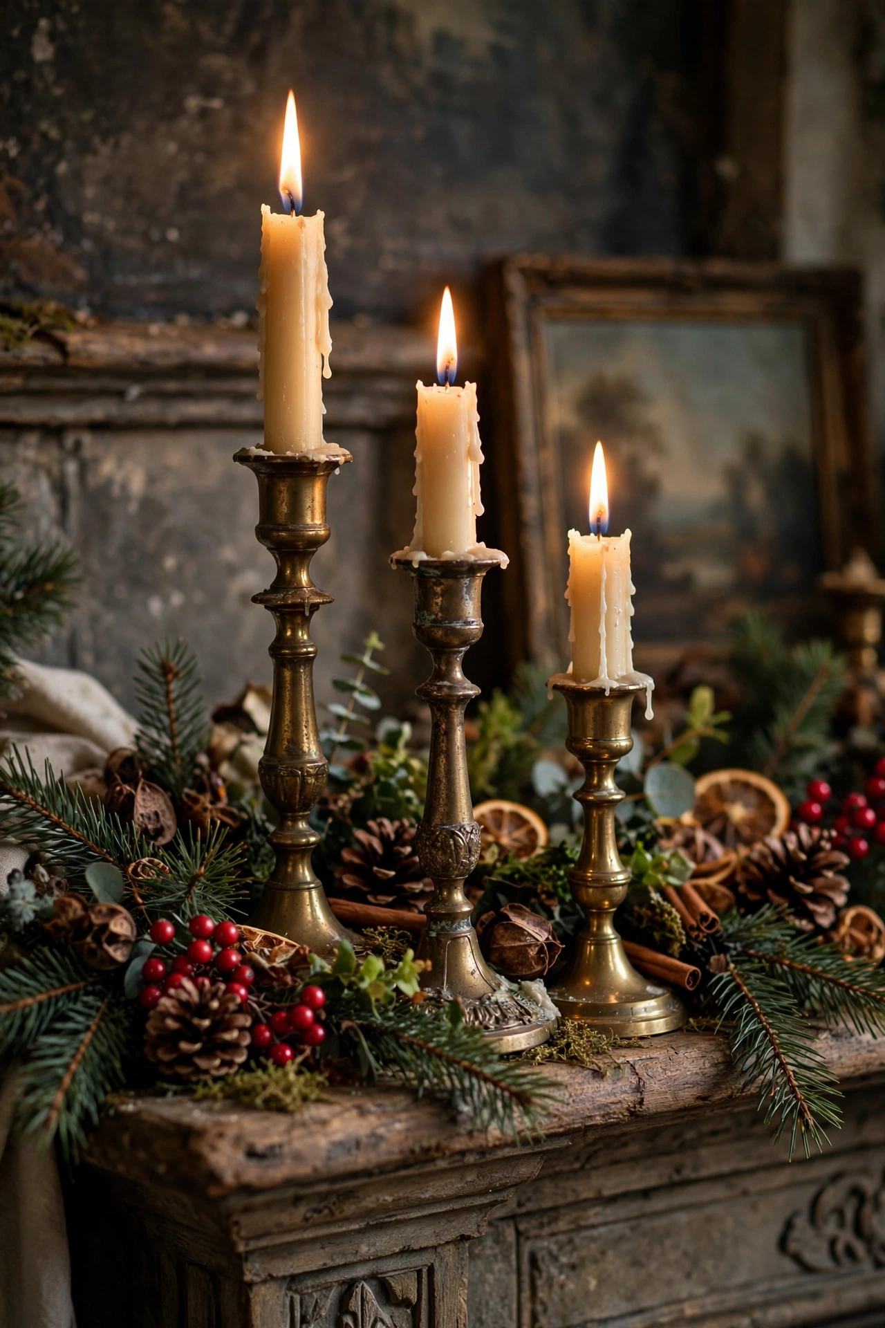 Vintage brass candlesticks with lit candles clustered on a Christmas mantle.