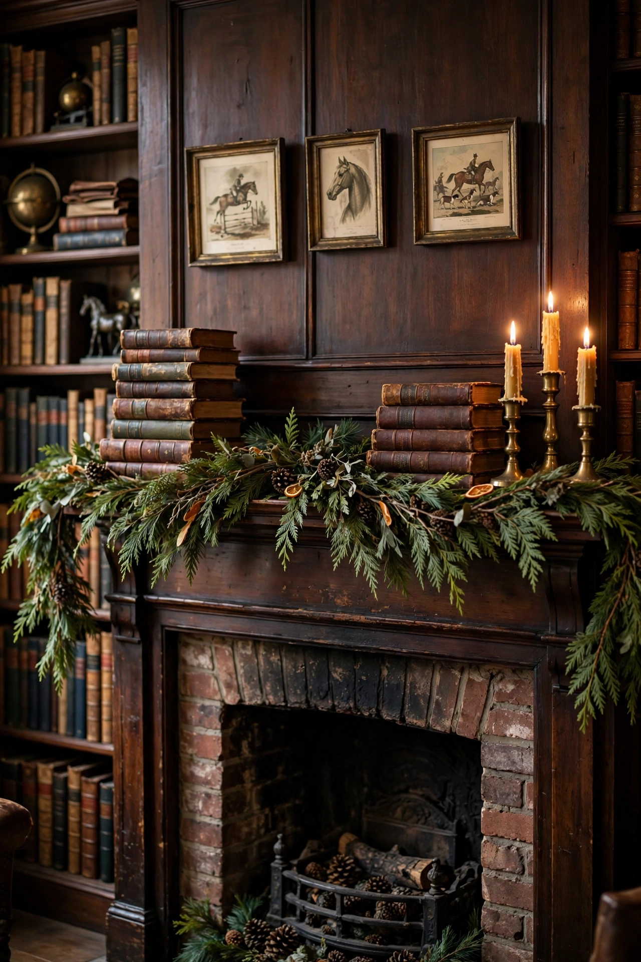 Christmas mantel styled with vintage books and evergreen garland