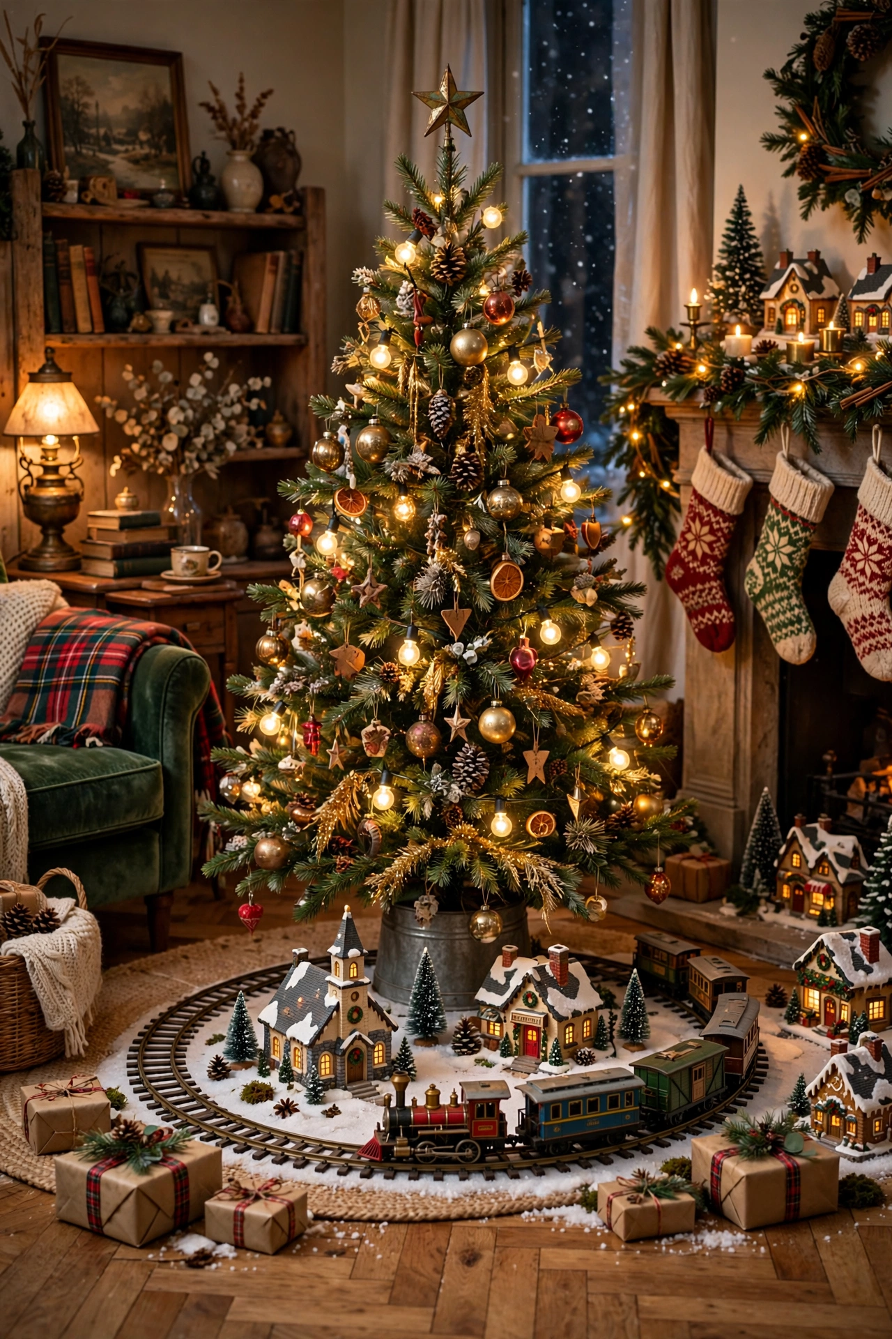 Toy train circling around base of vintage Christmas tree