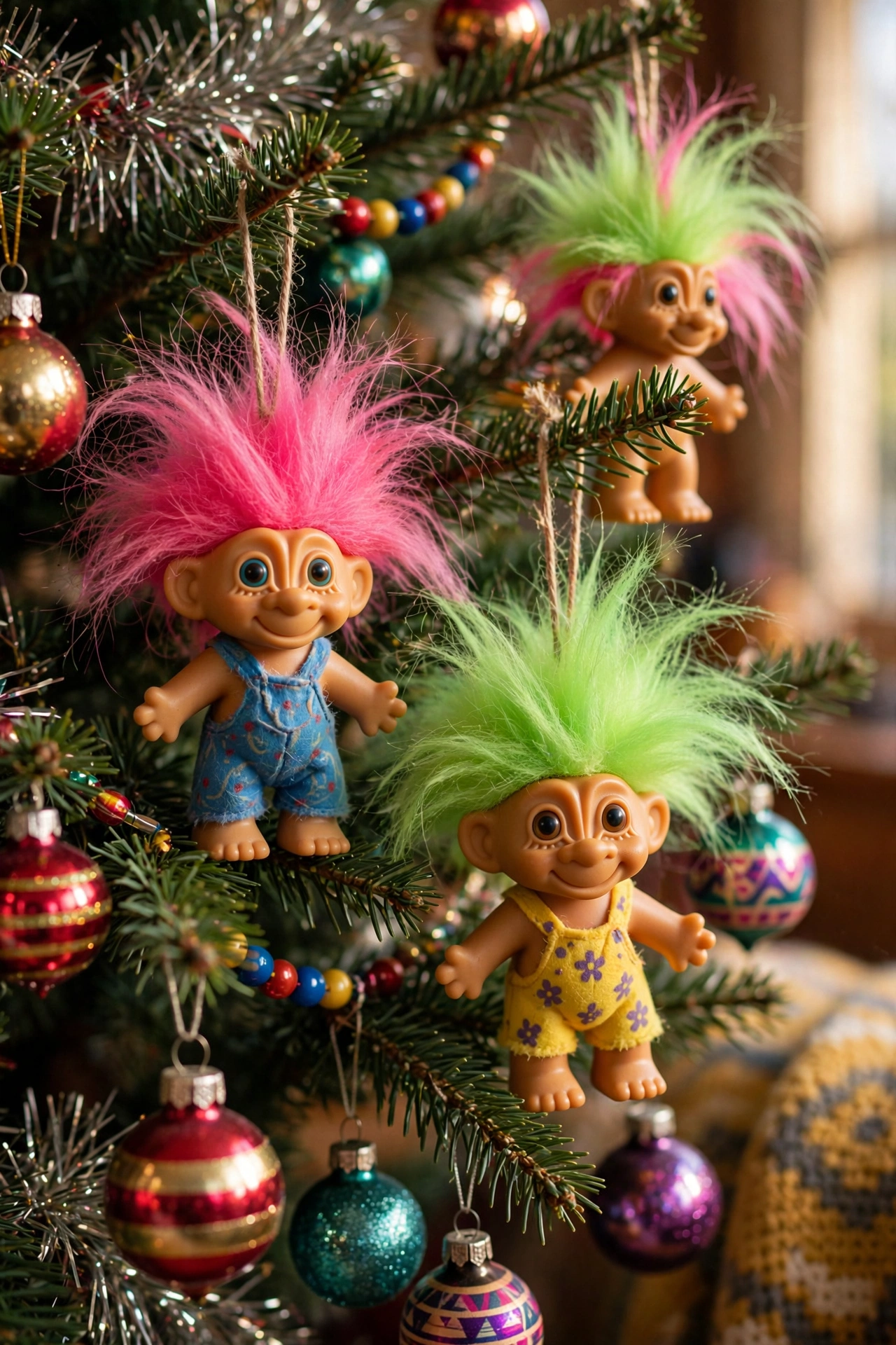 Colorful troll dolls with wild hair decorating Christmas tree
