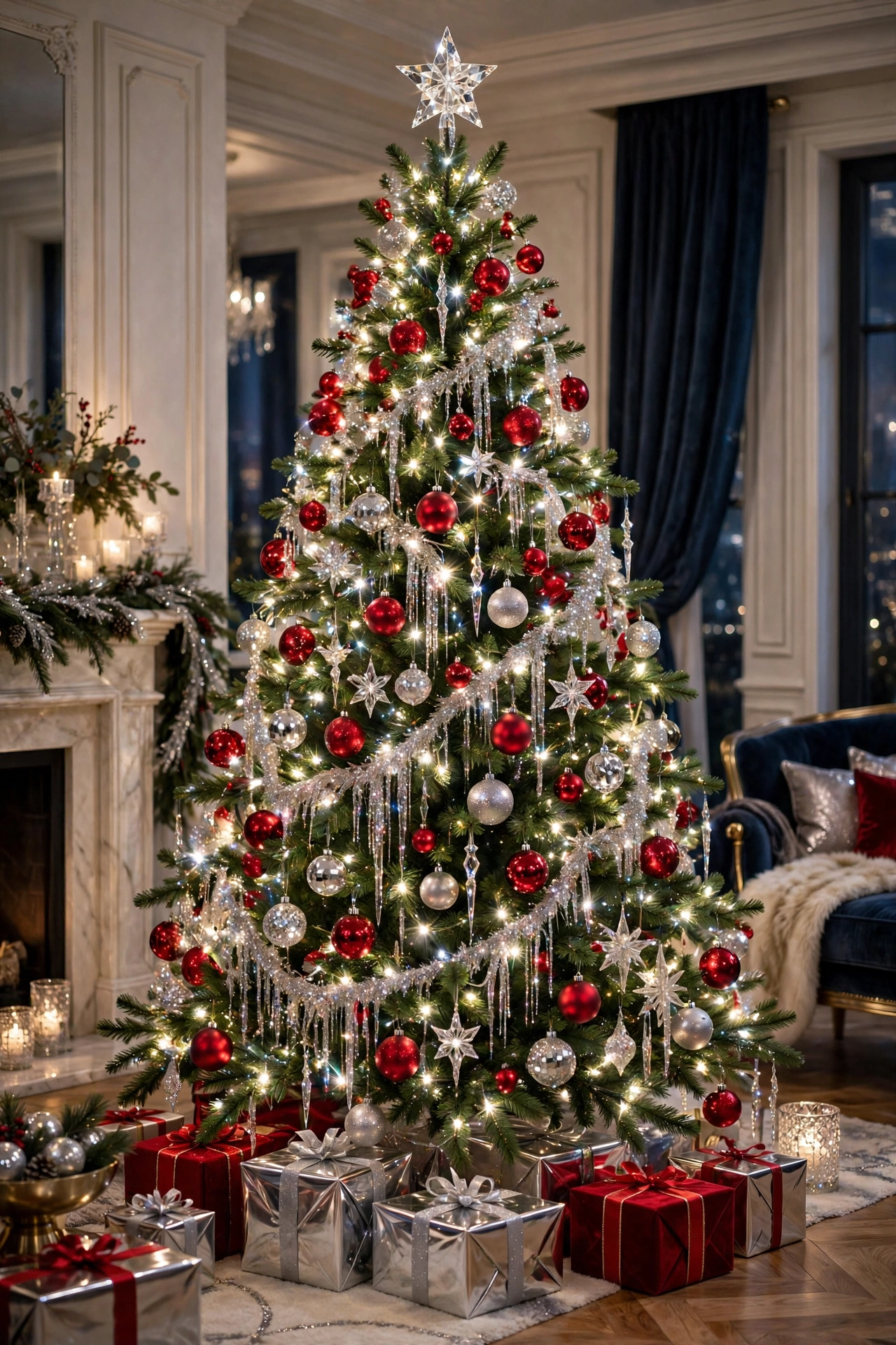 A glamorous Christmas tree with red and silver ornaments and sparkling tinsel in an elegant festive room.