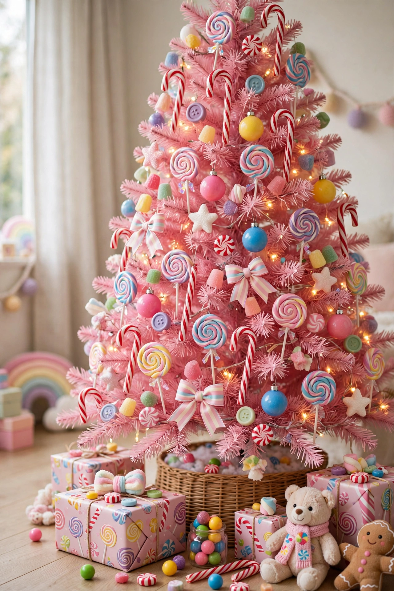 A pink Christmas tree decorated with candy canes and sweet candy themed ornaments in a playful style.