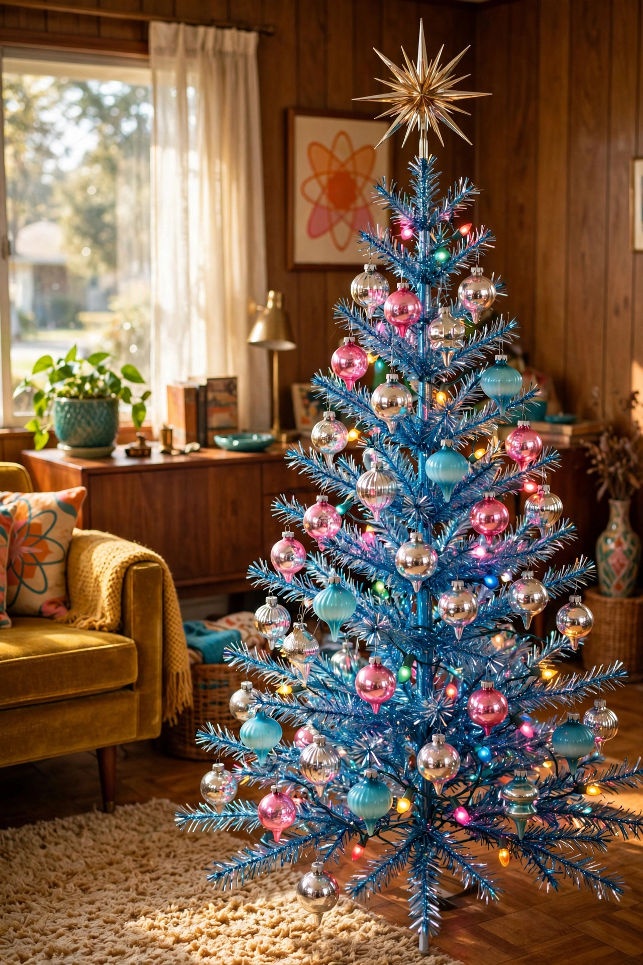 Retro blue tinsel Christmas tree with vintage ornaments