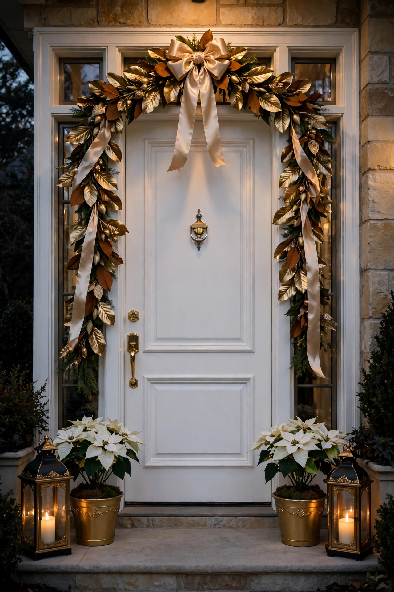 Elegant gold and white Christmas door with magnolia garland