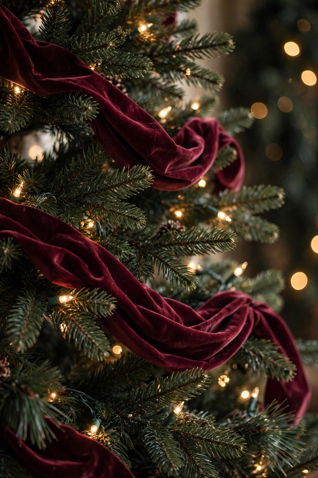 Burgundy velvet ribbon swags tucked into Christmas tree branches