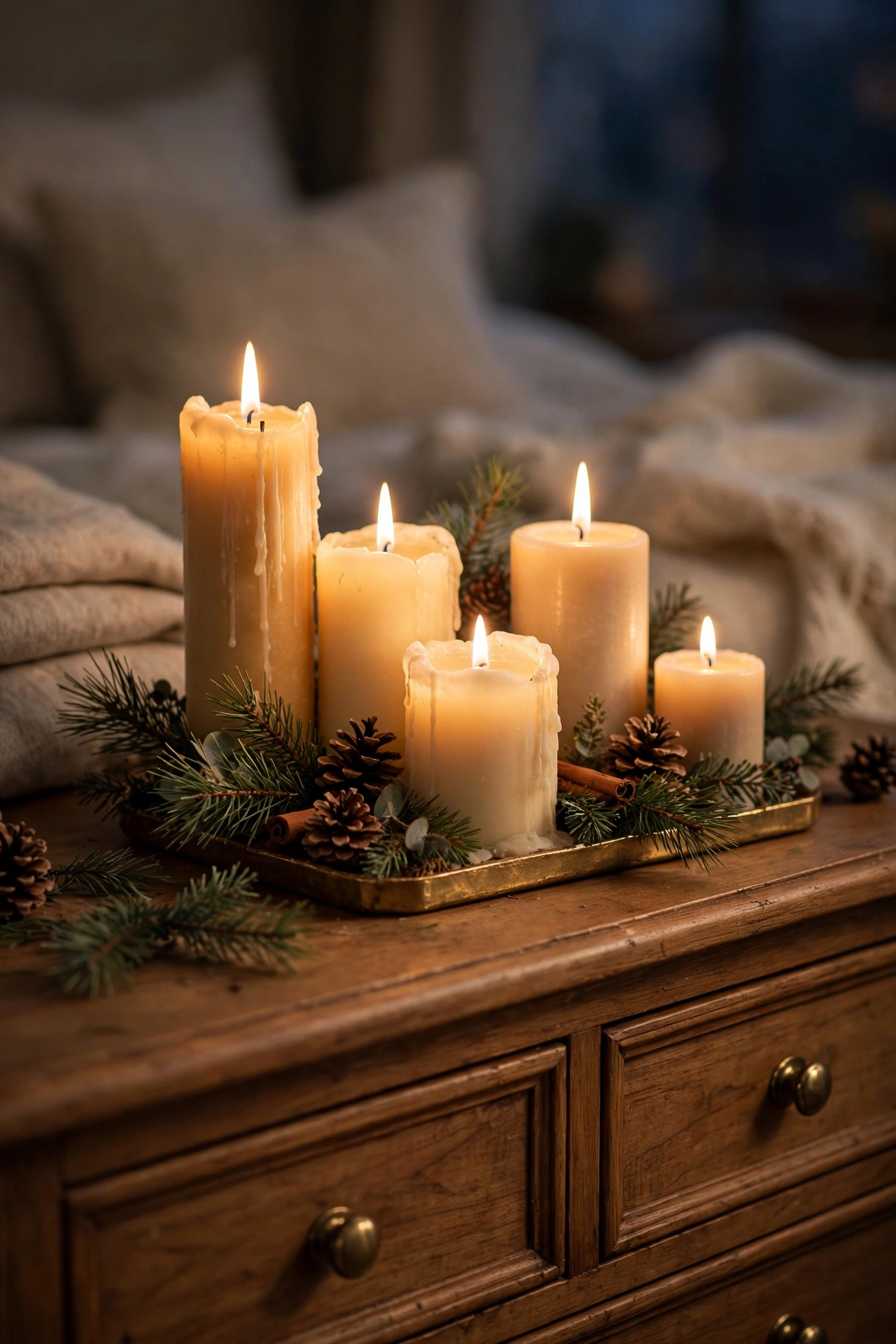 Holiday scented candles glowing on a bedroom dresser top
