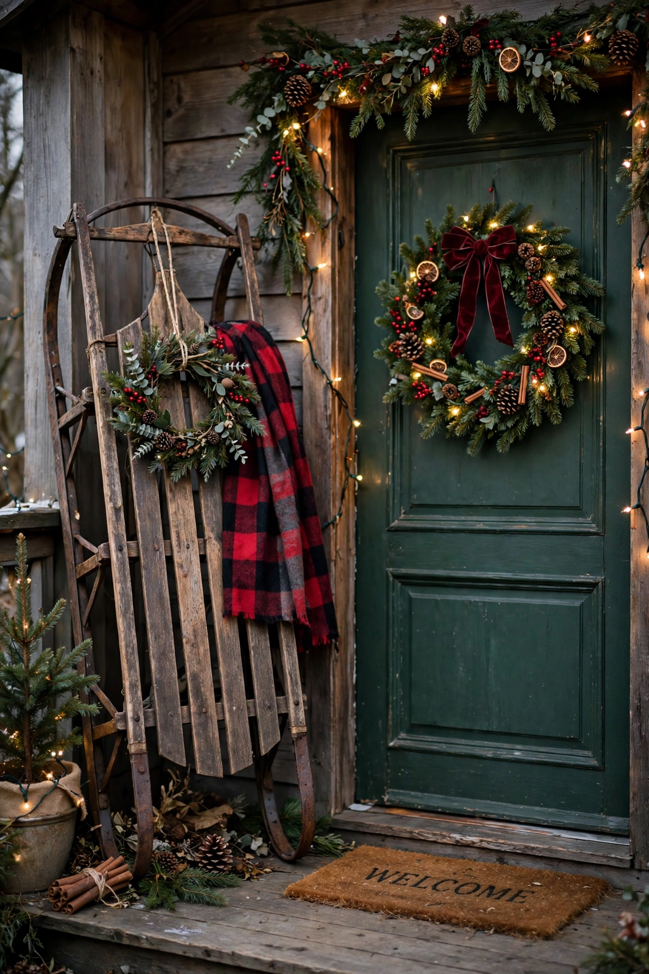 A rustic wooden sled with a small wreath and plaid scarf leaning by a Christmas front door.