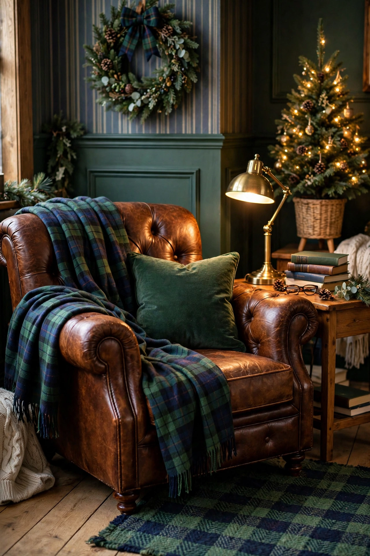 Leather armchair draped with green plaid throw blanket