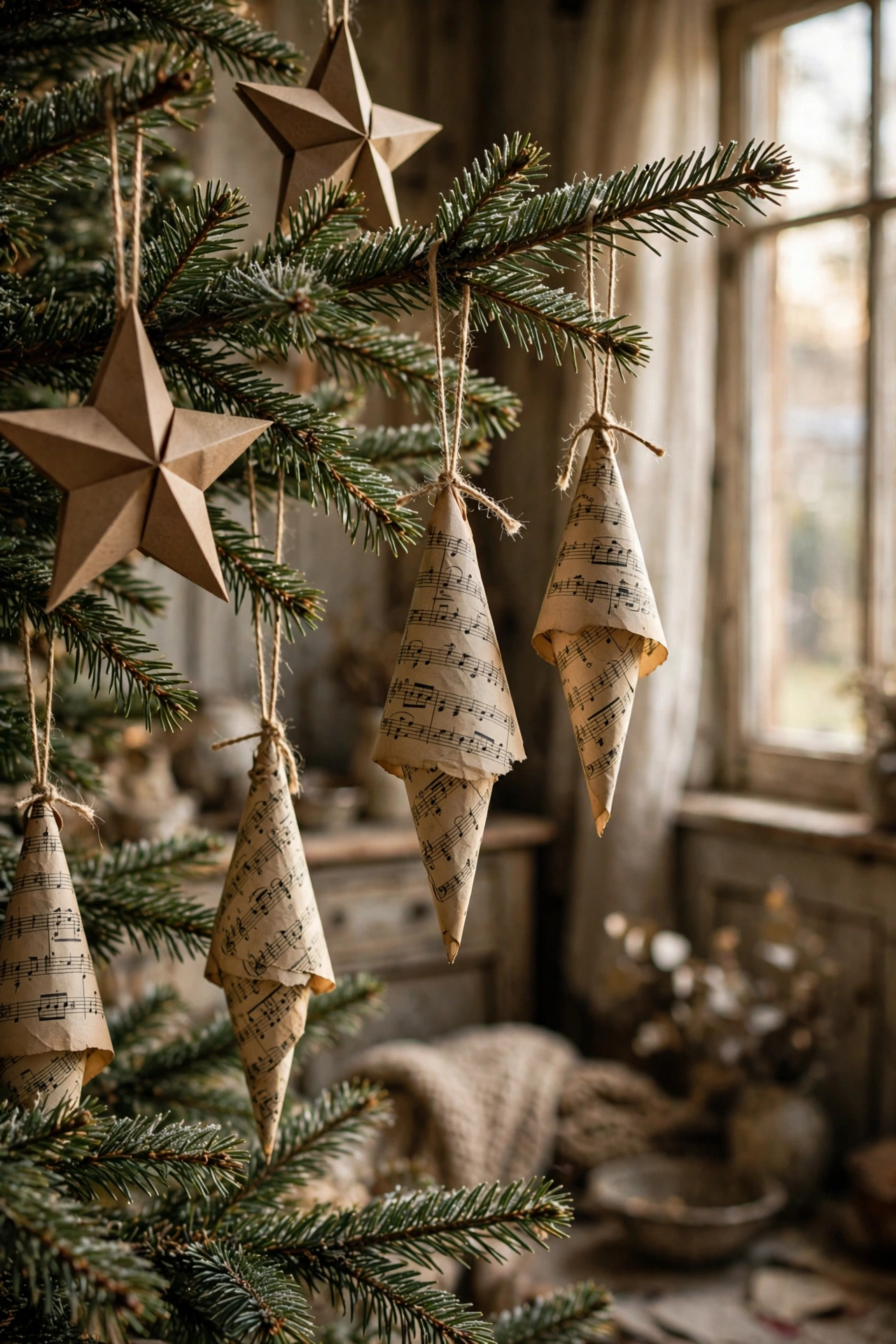 Paper star and sheet music ornaments on vintage Christmas tree