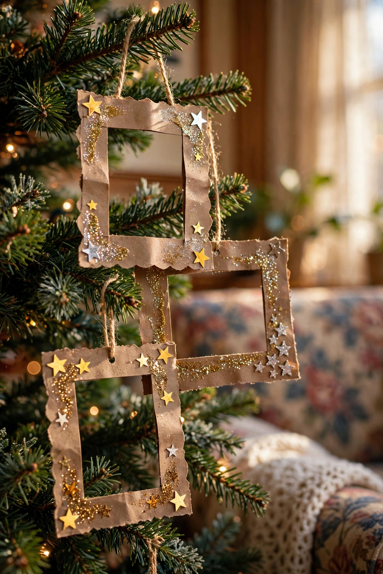 School photo frame ornaments hanging on 90s Christmas tree