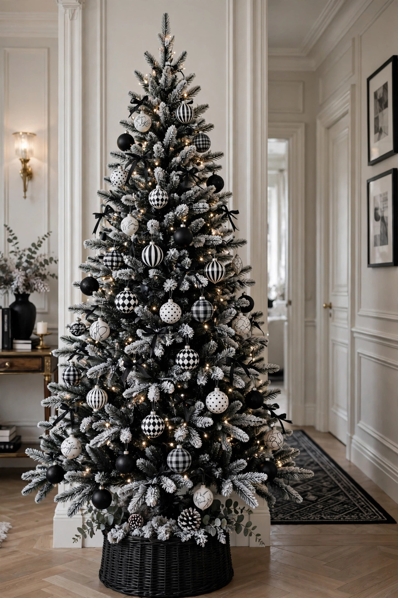 Flocked black Christmas tree with black and white monochrome ornaments in an elegant hallway