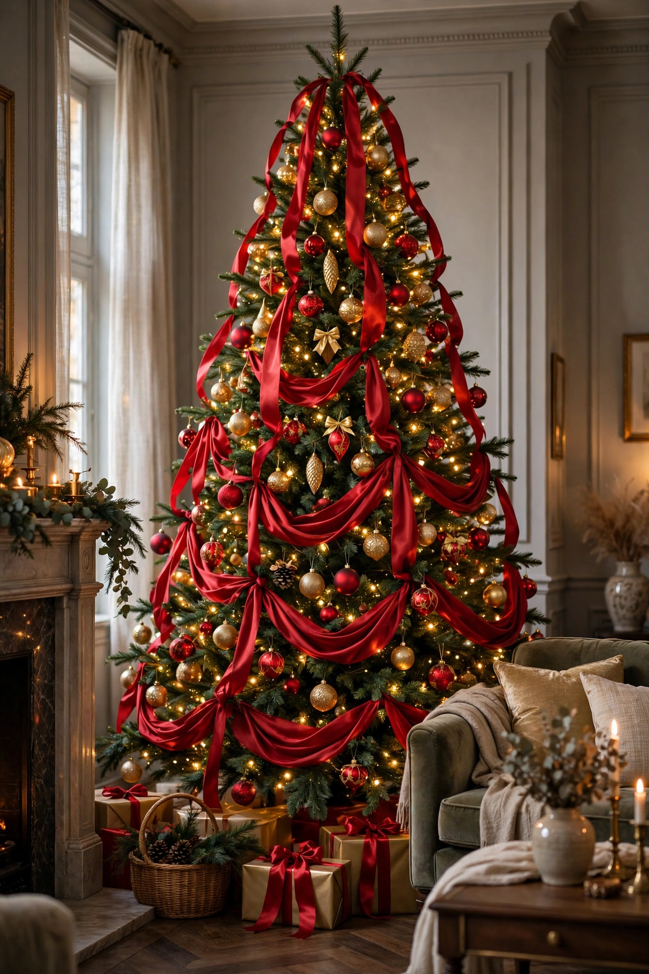 A Christmas tree with cascading red satin ribbons and red and gold ornaments in an elegant living room.