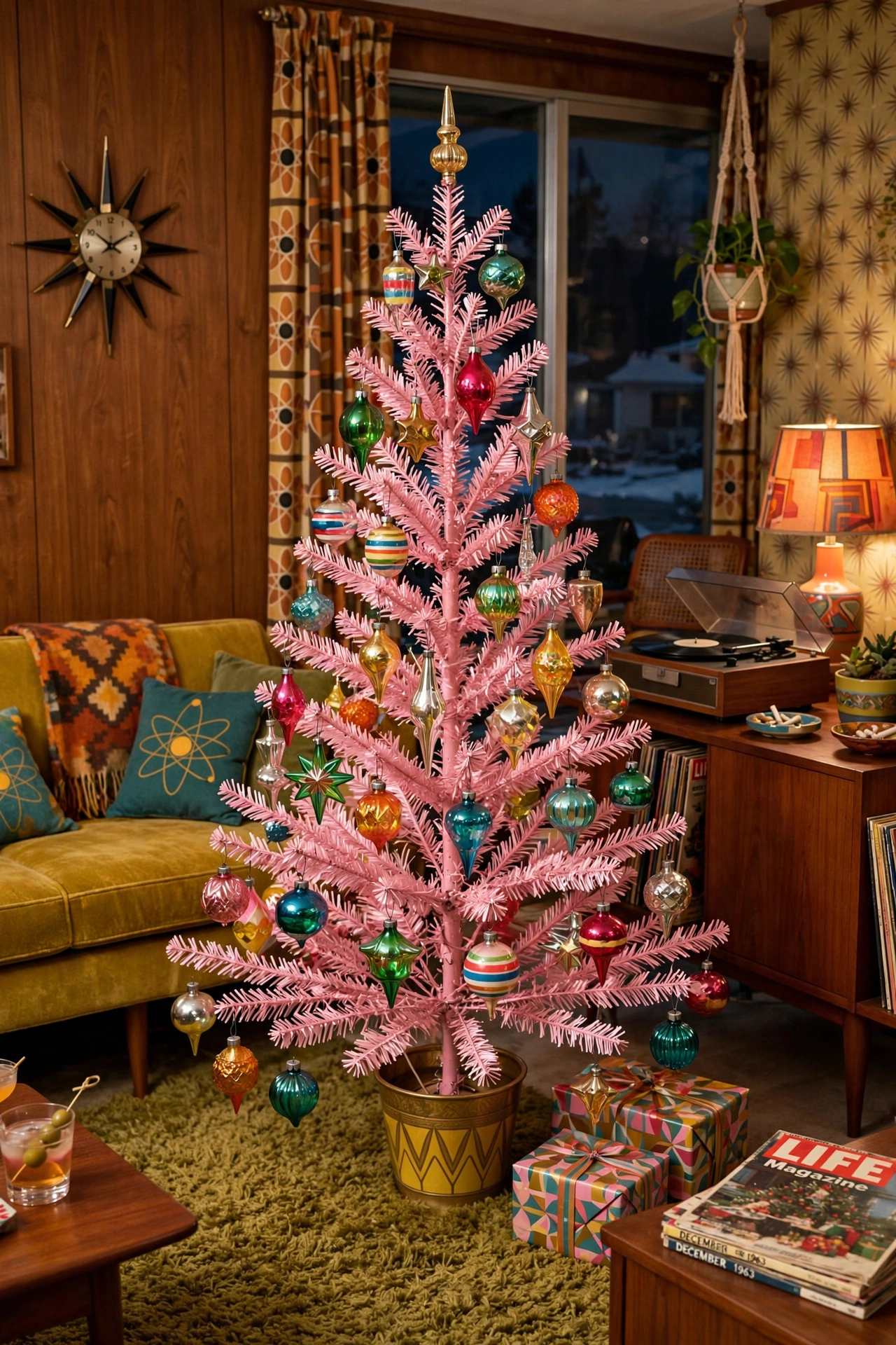 A vintage pink aluminum Christmas tree with retro colorful glass ornaments in a mid century style room.