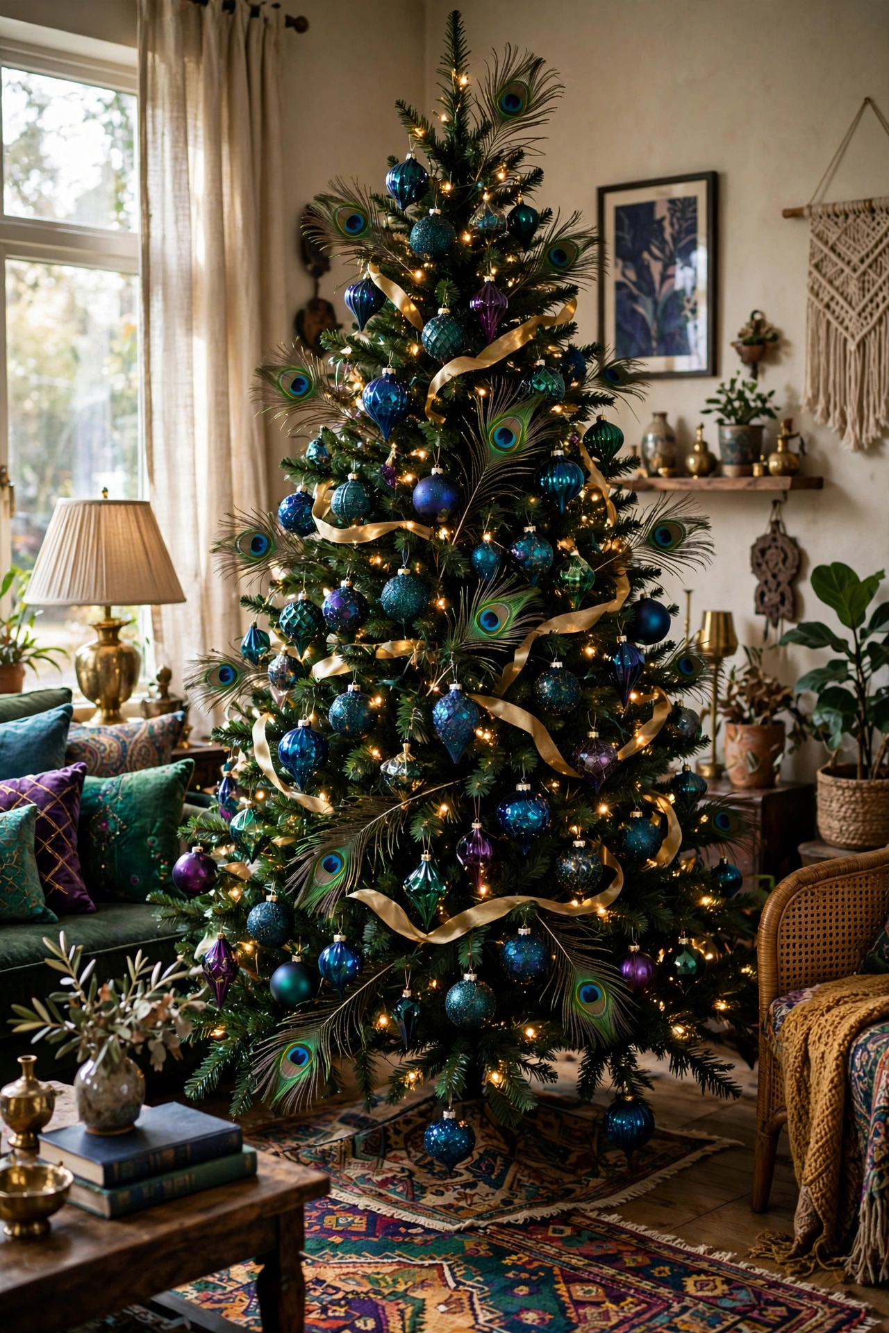 Peacock blue jewel toned Christmas tree with feathers