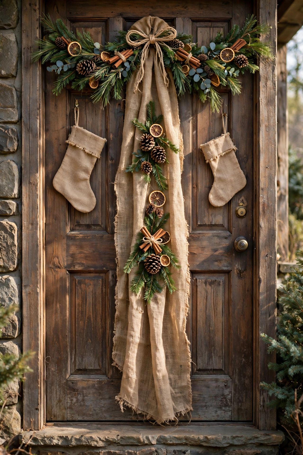 Rustic burlap and pinecone swag on Christmas front door