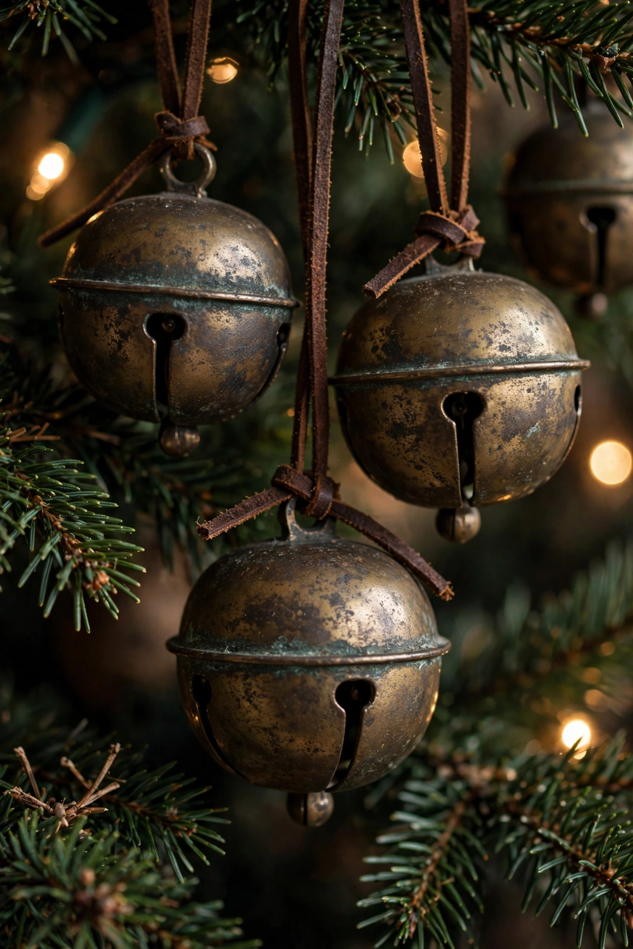 Antique brass bell ornaments hanging on Christmas tree