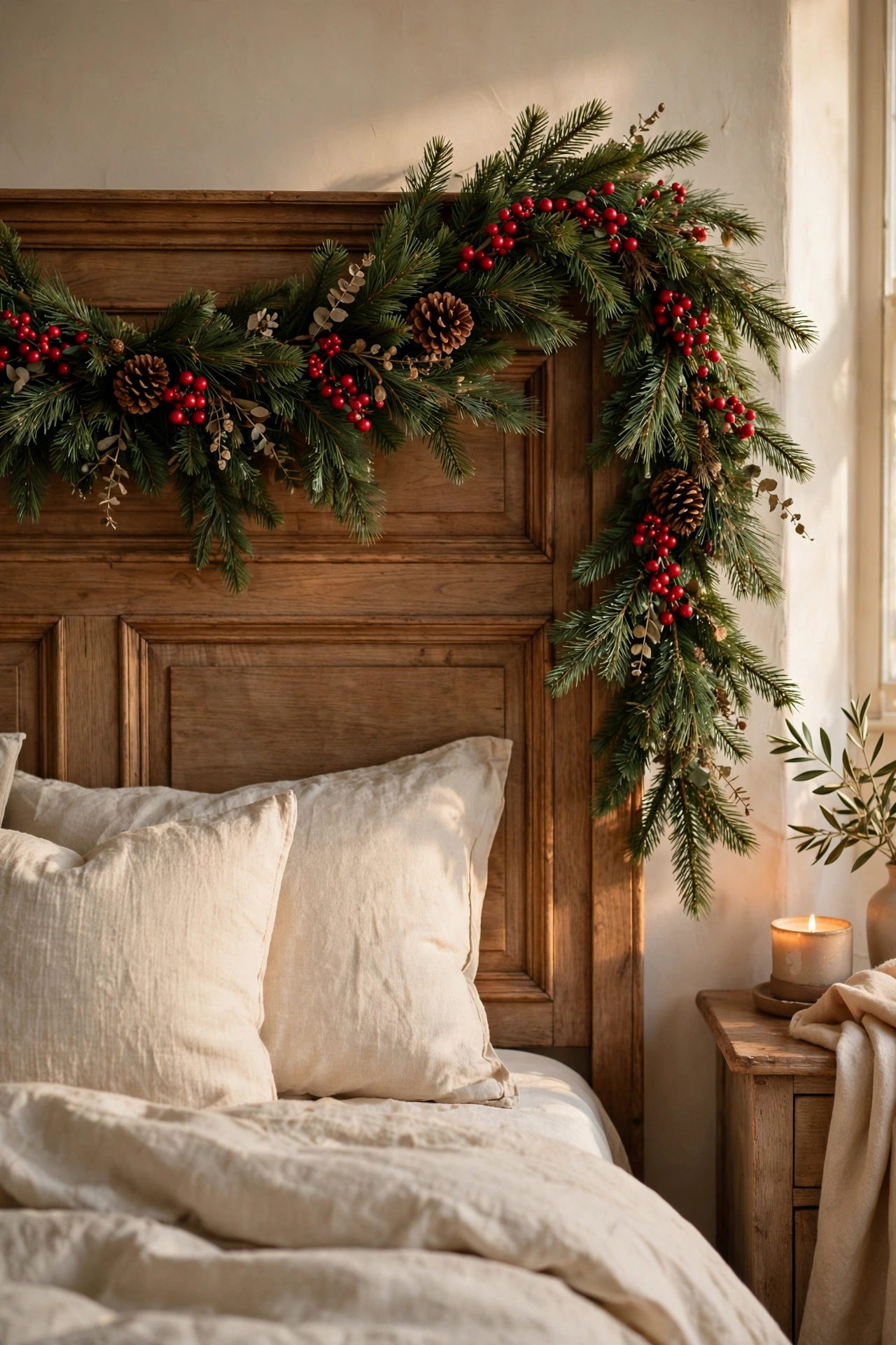 Pine garland with red berries draped over bedroom headboard