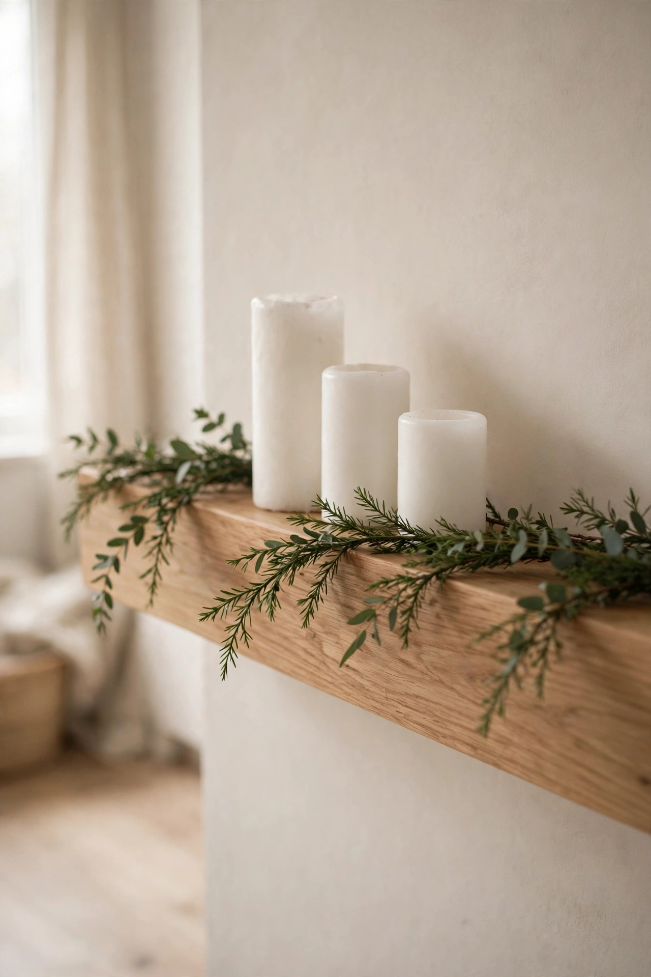 A minimalist Scandinavian Christmas mantle with a simple green garland and white candles.