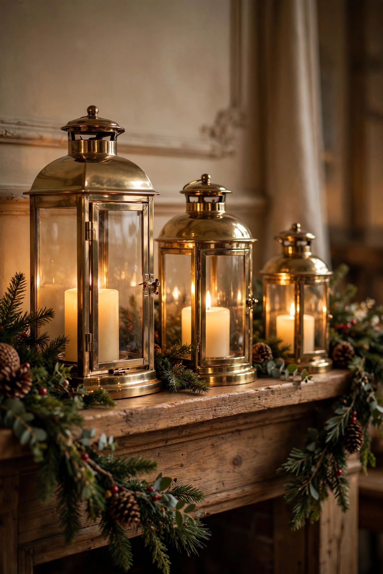Brass lanterns with glowing pillar candles for Christmas decor