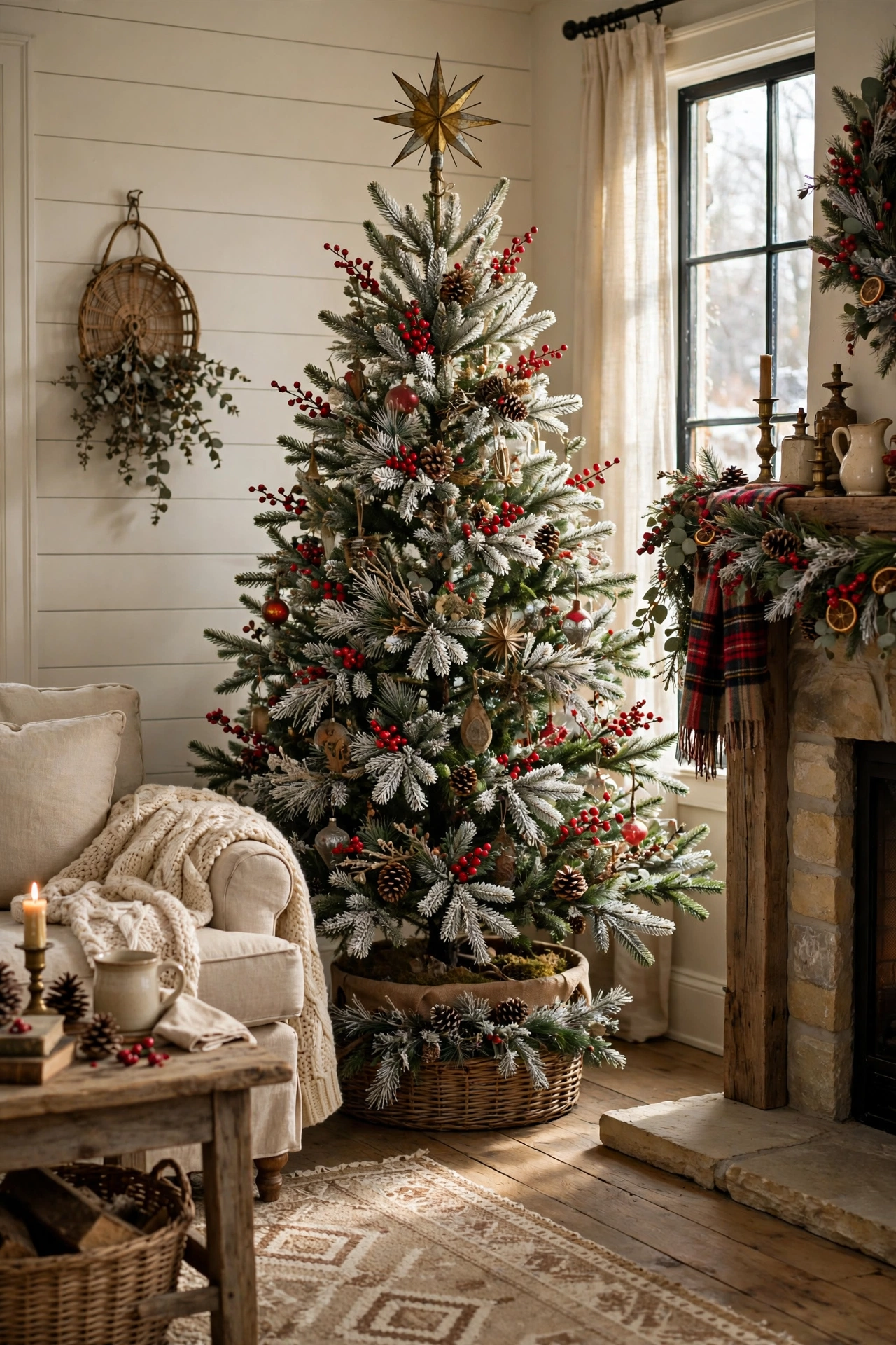 Vintage Christmas tree decorated with berry picks and pine sprays