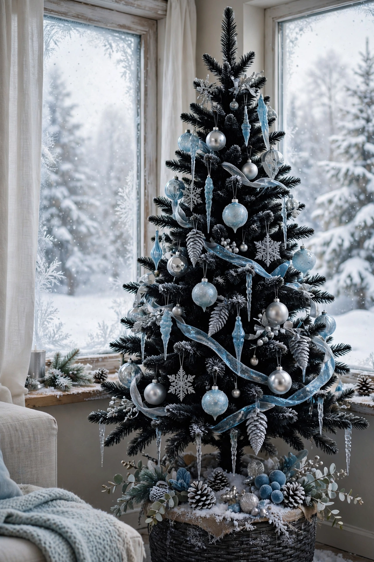 Black Christmas tree with icy blue and silver ornaments in a winter wonderland themed room