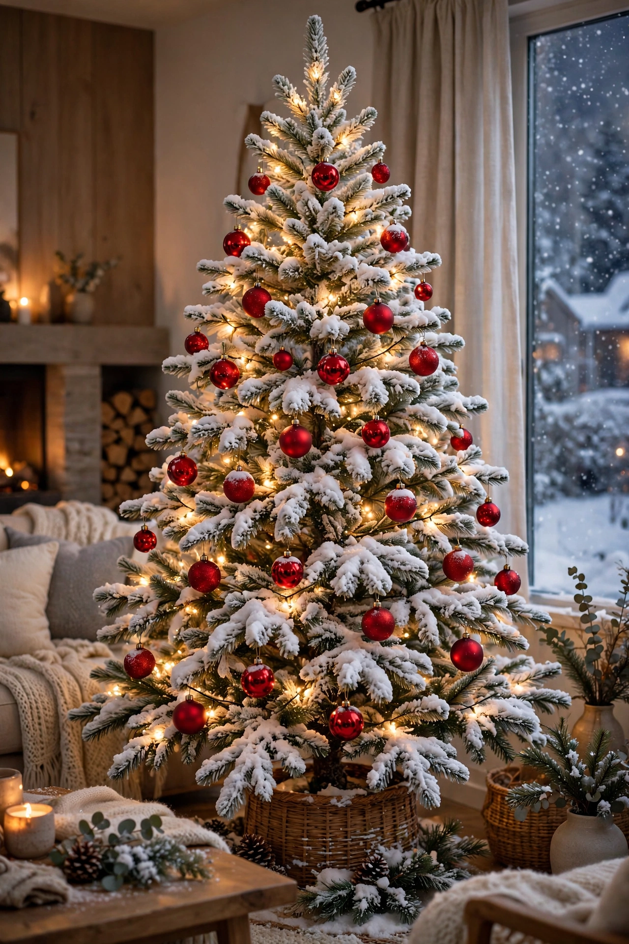 A snow flocked Christmas tree decorated with red ornaments and warm lights in a cozy winter living room.