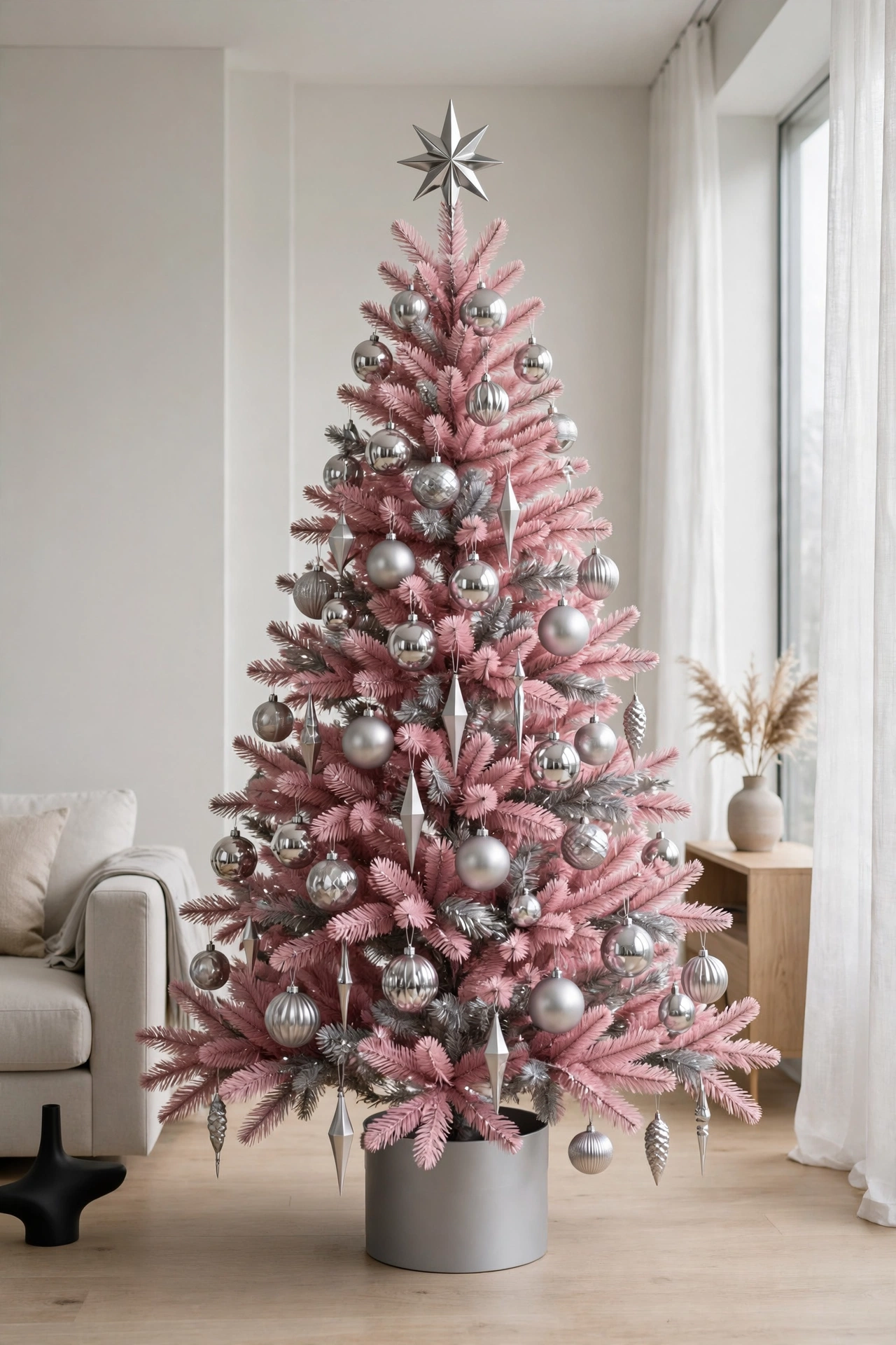 A modern pink and silver Christmas tree with metallic ornaments in a minimalist contemporary room.