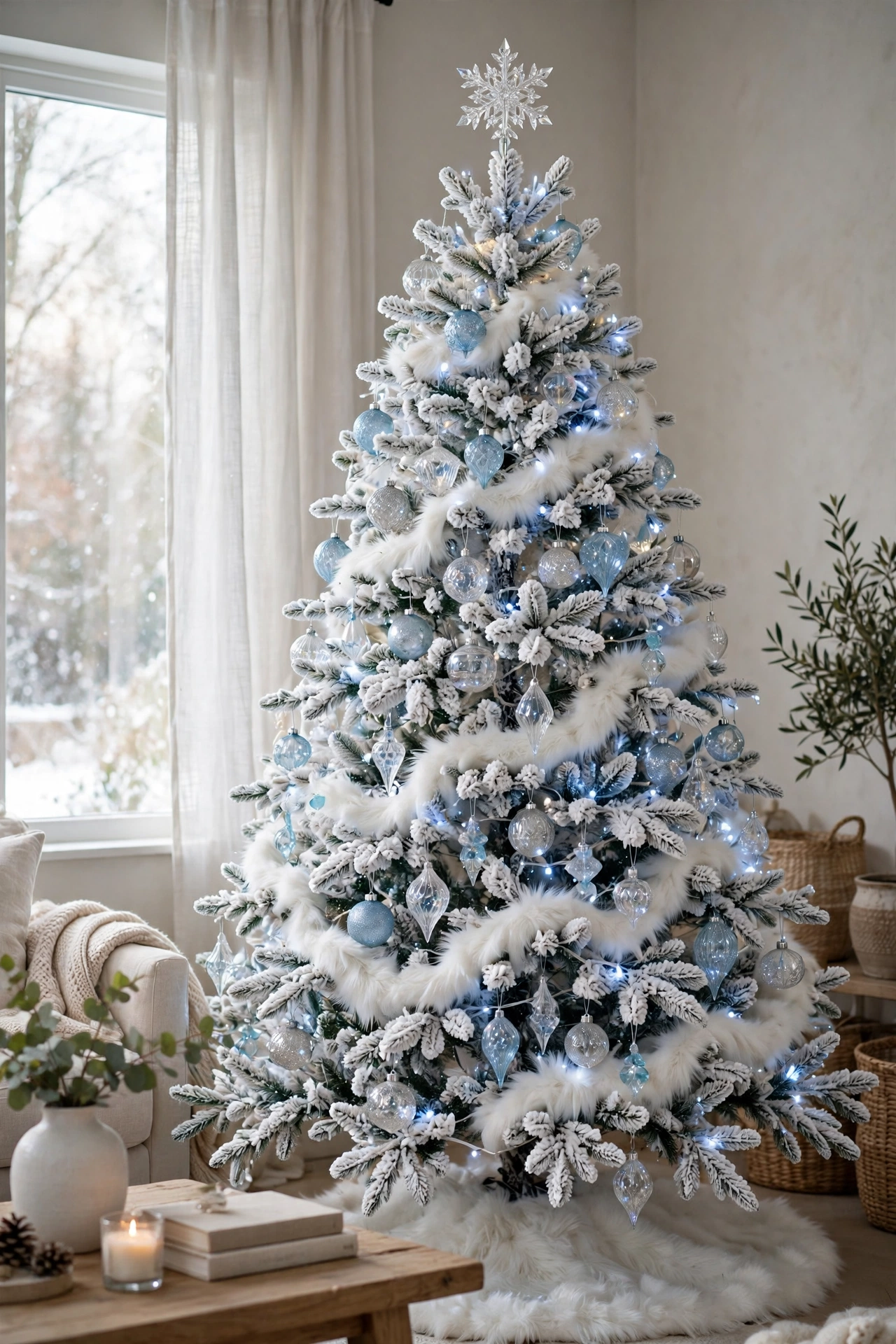 Flocked Christmas tree with blue and silver ornaments
