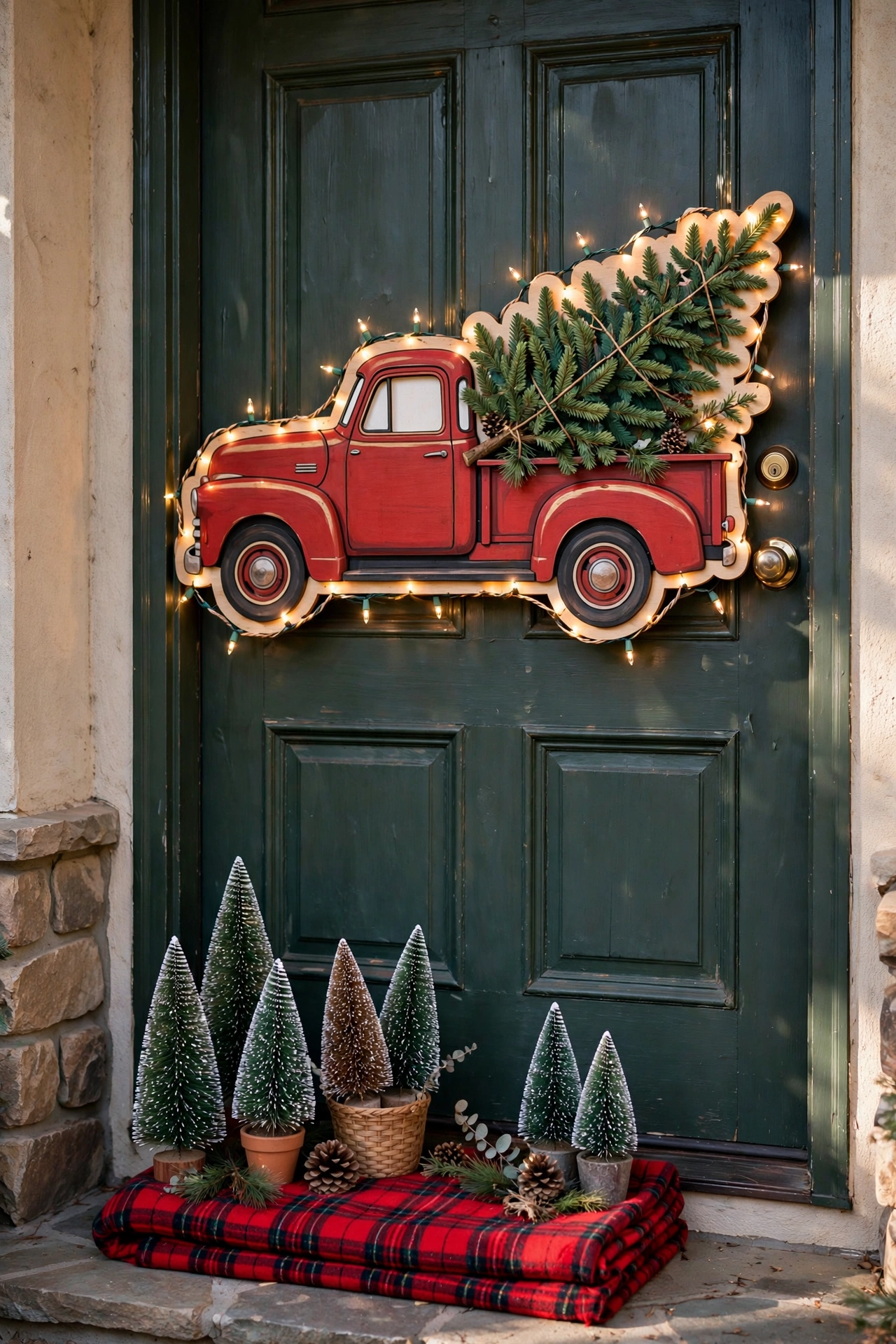 Vintage red truck with Christmas tree on decorated door