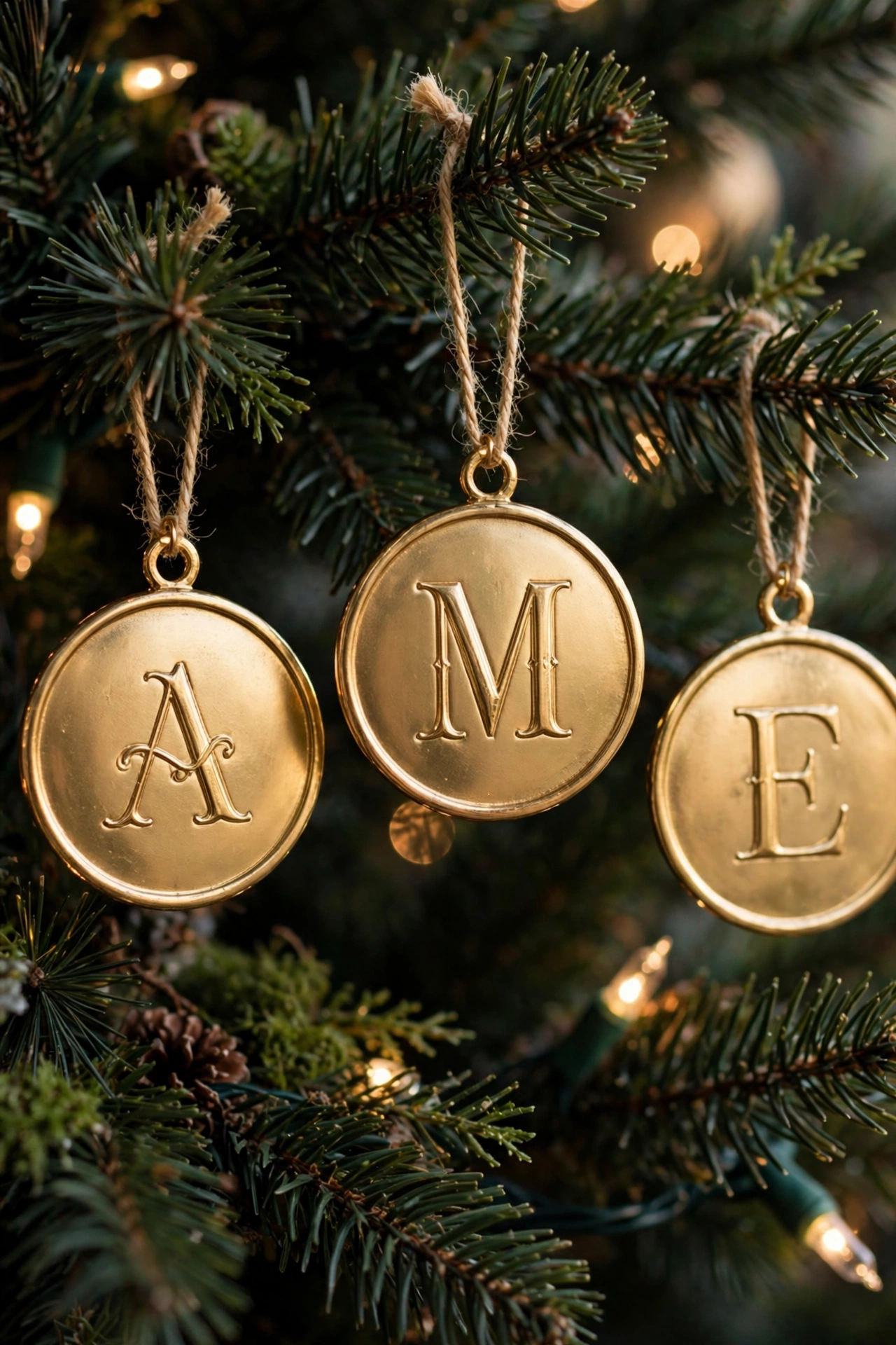 Monogrammed gold initial ornaments hanging on a Christmas tree