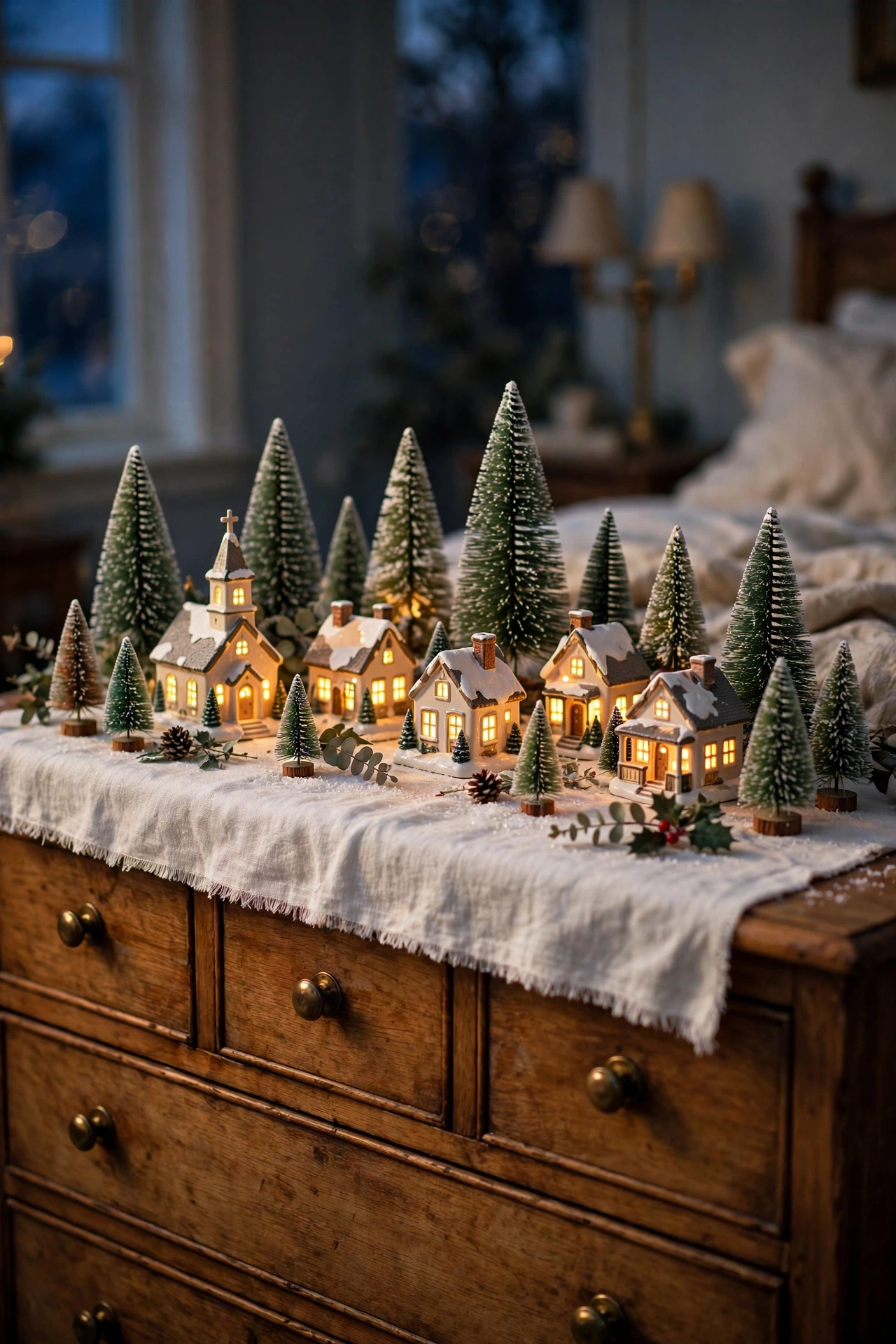 Lit ceramic Christmas village houses displayed on bedroom dresser