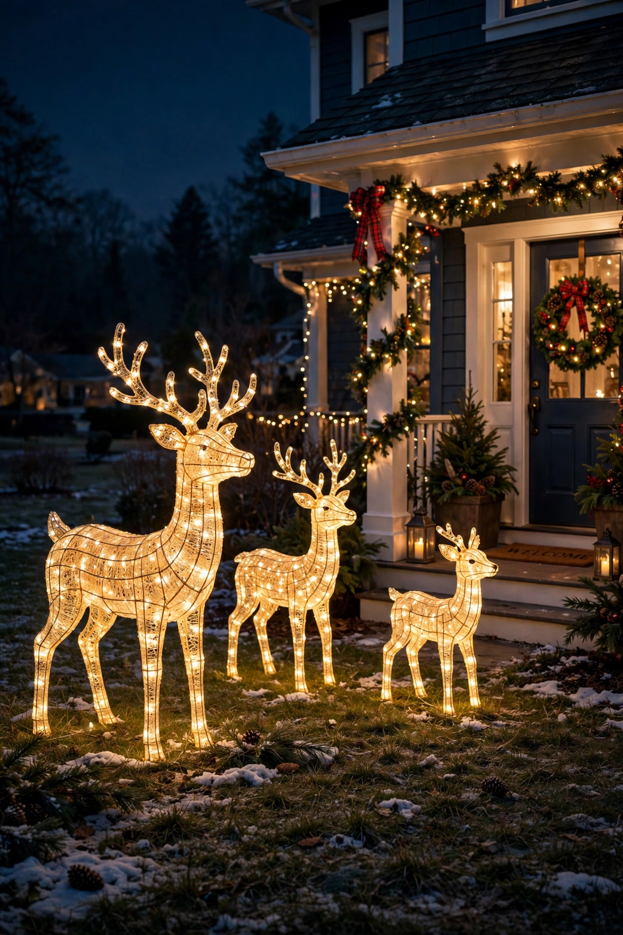 Lighted reindeer figures glowing in a front yard beside a Christmas decorated porch at night.