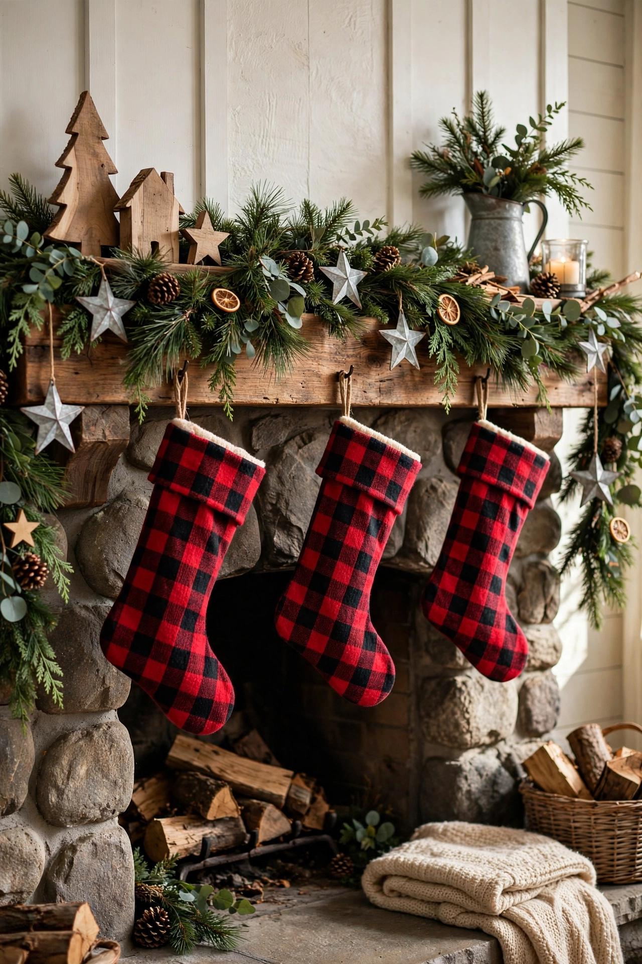A farmhouse Christmas mantle with wooden signs, plaid stockings, and pine garland.