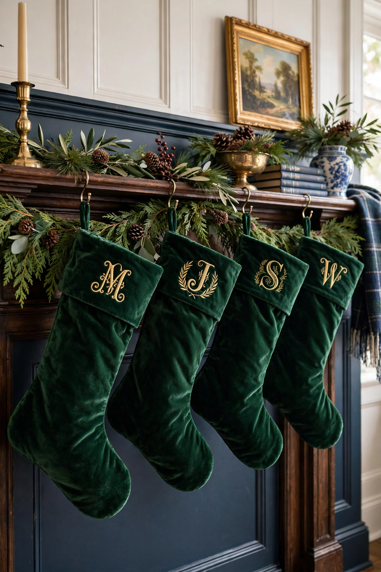 Deep green velvet Christmas stockings with gold monograms