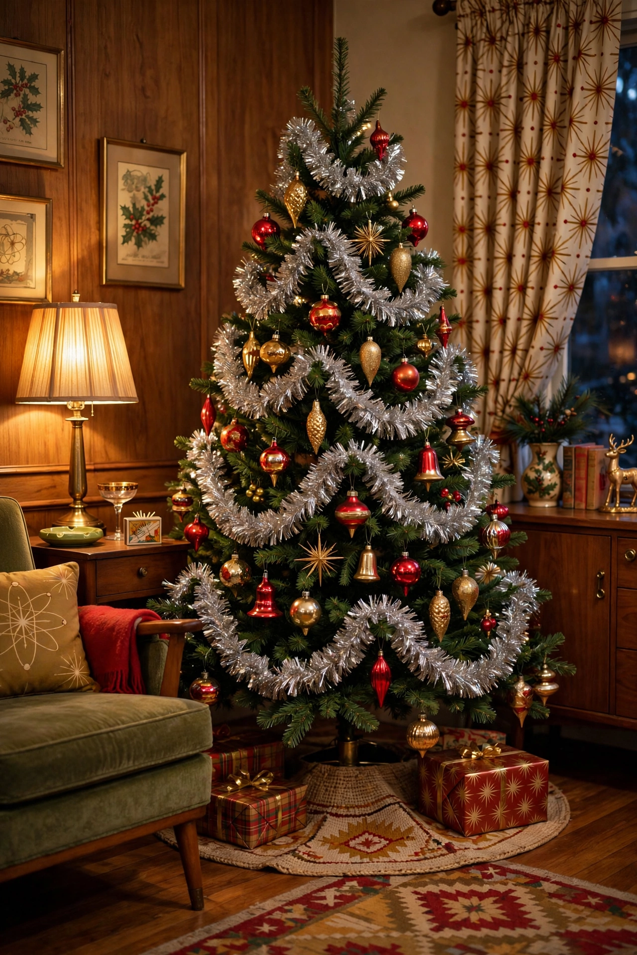 Silver tinsel garland draped over vintage Christmas tree branches