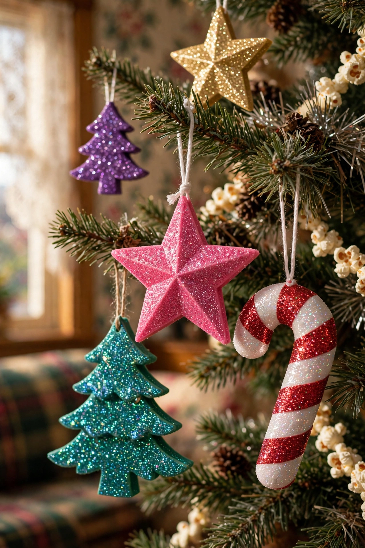 Glitter craft foam cutout ornaments on 90s Christmas tree