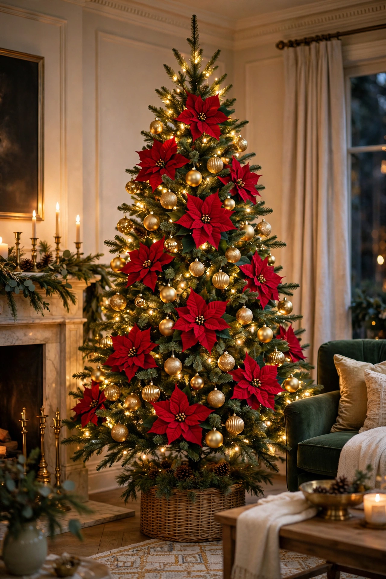 A Christmas tree decorated with large red poinsettia flowers and gold ornaments in a festive elegant room.